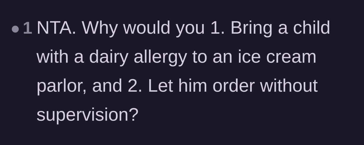 Comment thread 6 - A blunt summary asking why an allergic child was left to order unsupervised in an ice cream parlor.