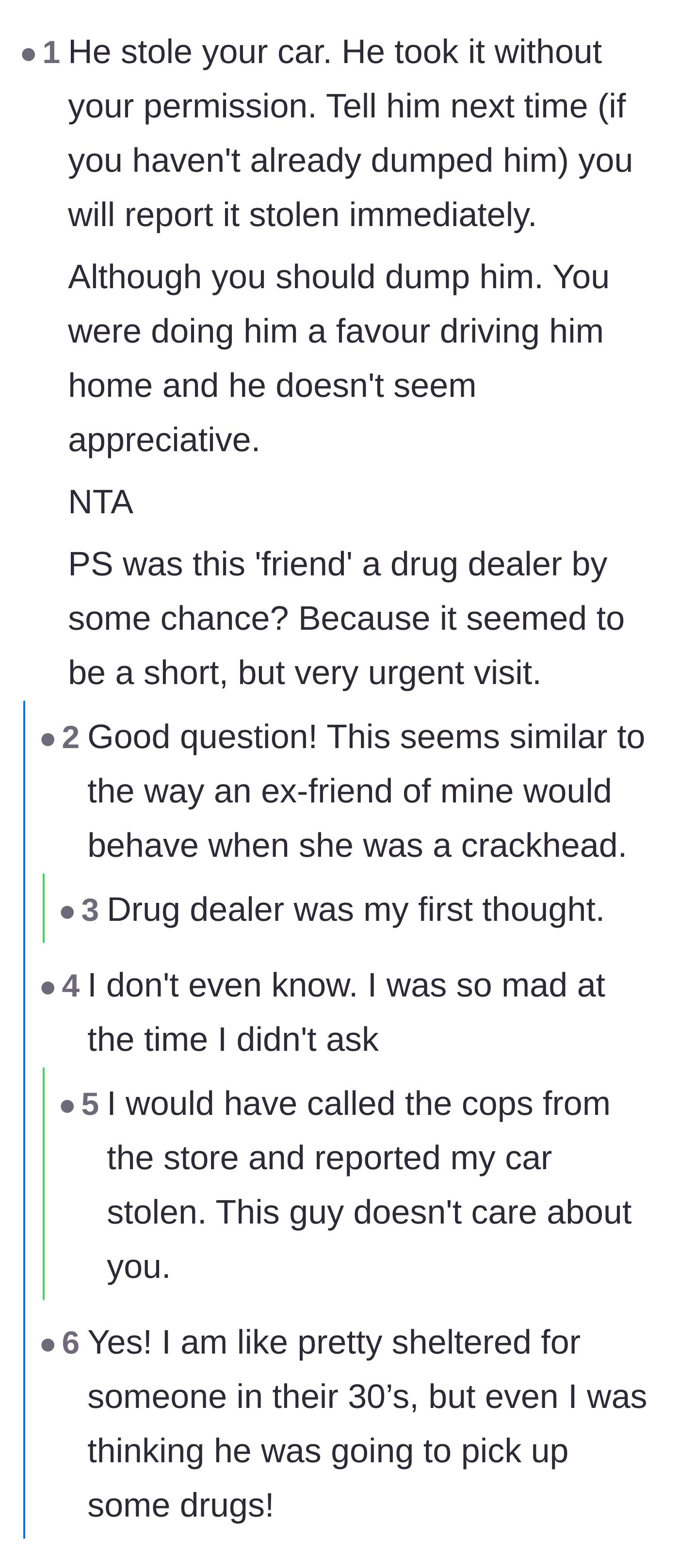 Comment thread 1 - Readers speculating that the boyfriend's urgent and erratic behavior was because he was meeting a drug dealer.
