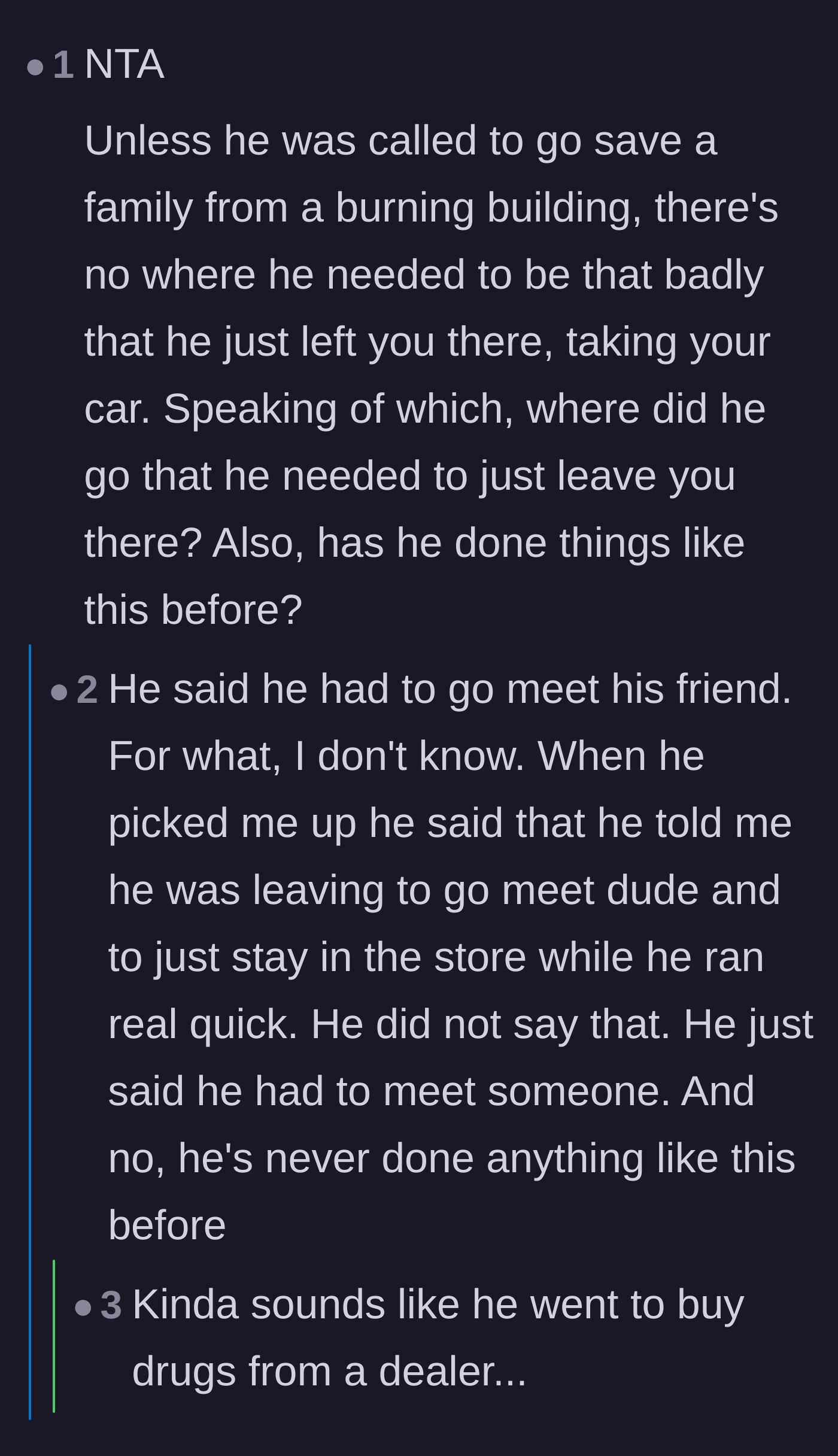 Comment thread 3 - Discussion about the lack of any valid excuse for abandoning a partner and the massive red flags involved.