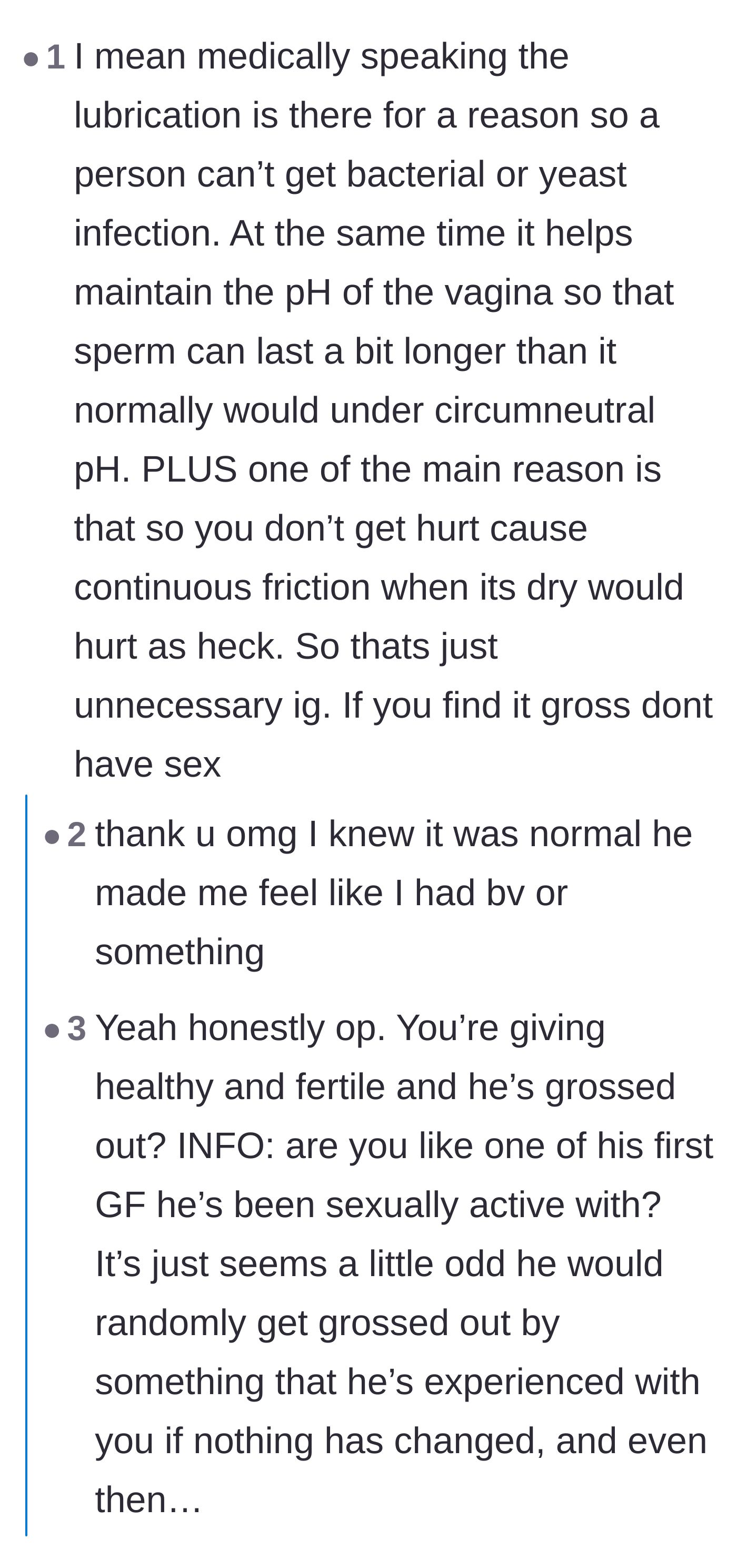 Comment thread 1 - Readers discuss the biological necessity of lubrication and lament the widespread lack of male sex education.