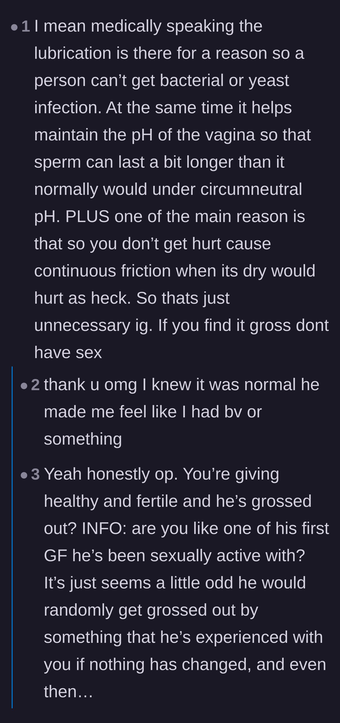 Comment thread 1 - Readers discuss the biological necessity of lubrication and lament the widespread lack of male sex education.
