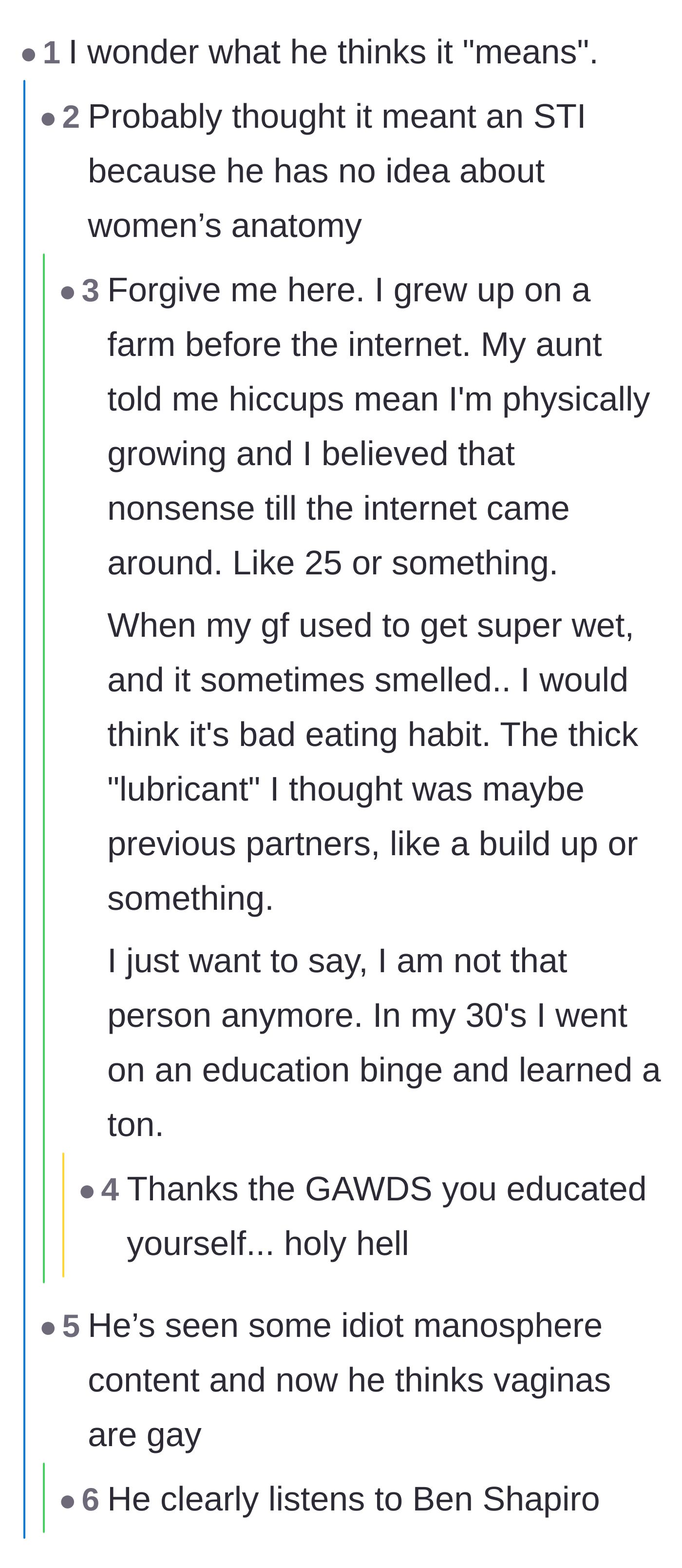 Comment thread 2 - Speculation on what the boyfriend actually believes, with one user sharing their own past misconceptions about female anatomy.