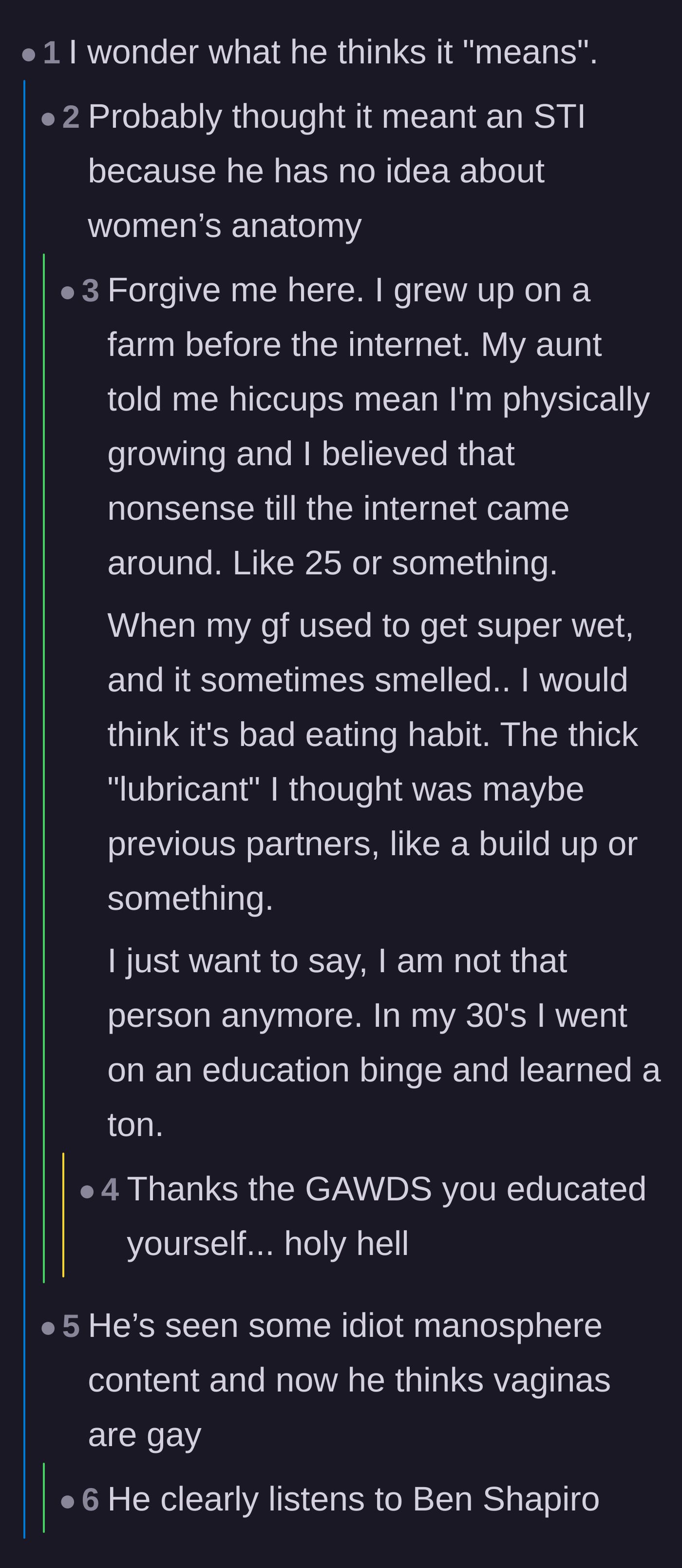Comment thread 2 - Speculation on what the boyfriend actually believes, with one user sharing their own past misconceptions about female anatomy.