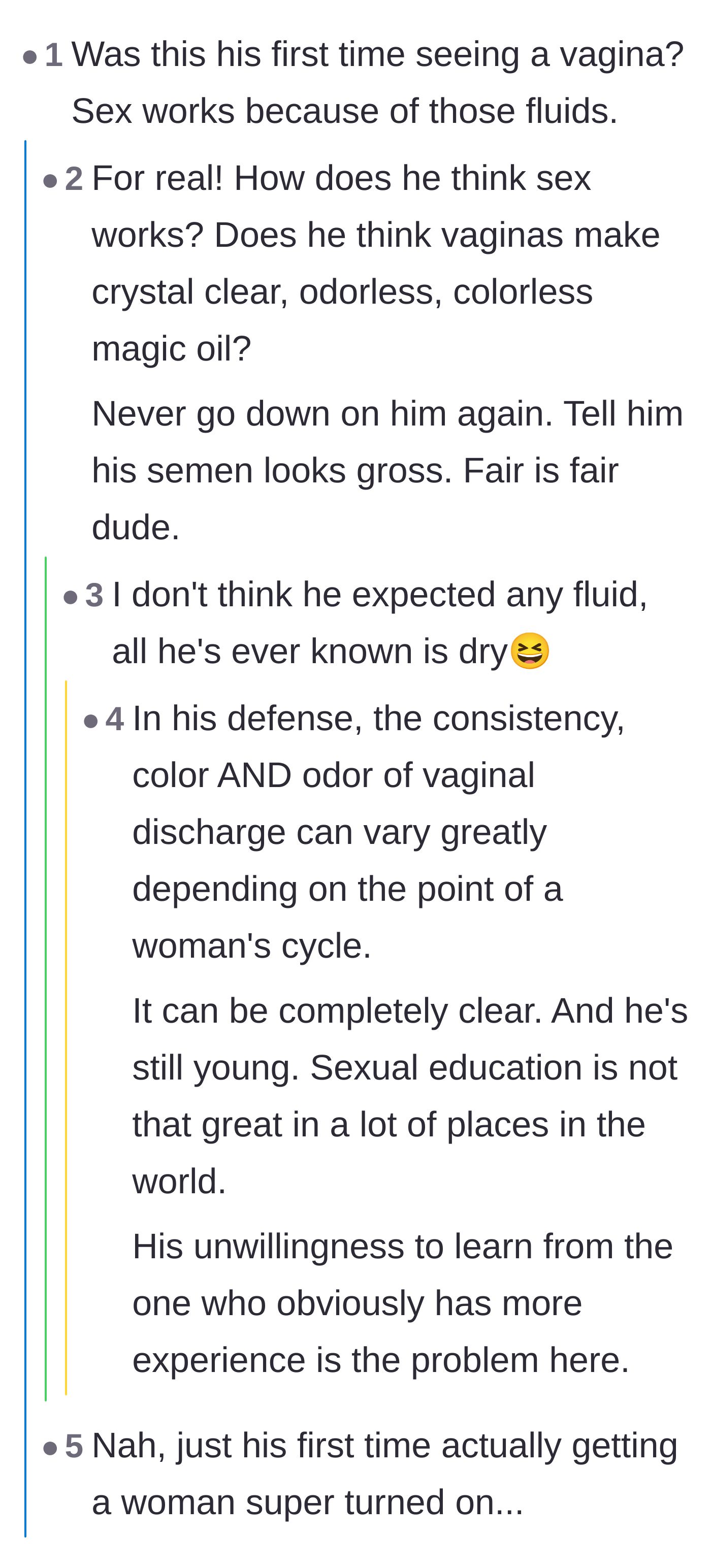 Comment thread 4 - A discussion ridiculing the boyfriend's expectations of friction and suggesting the girlfriend critique his bodily fluids in return.