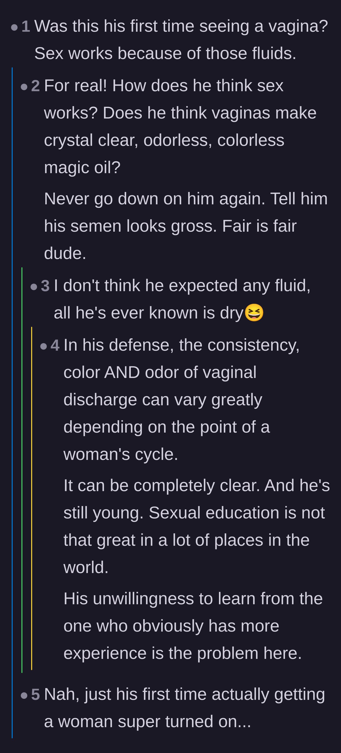 Comment thread 4 - A discussion ridiculing the boyfriend's expectations of friction and suggesting the girlfriend critique his bodily fluids in return.