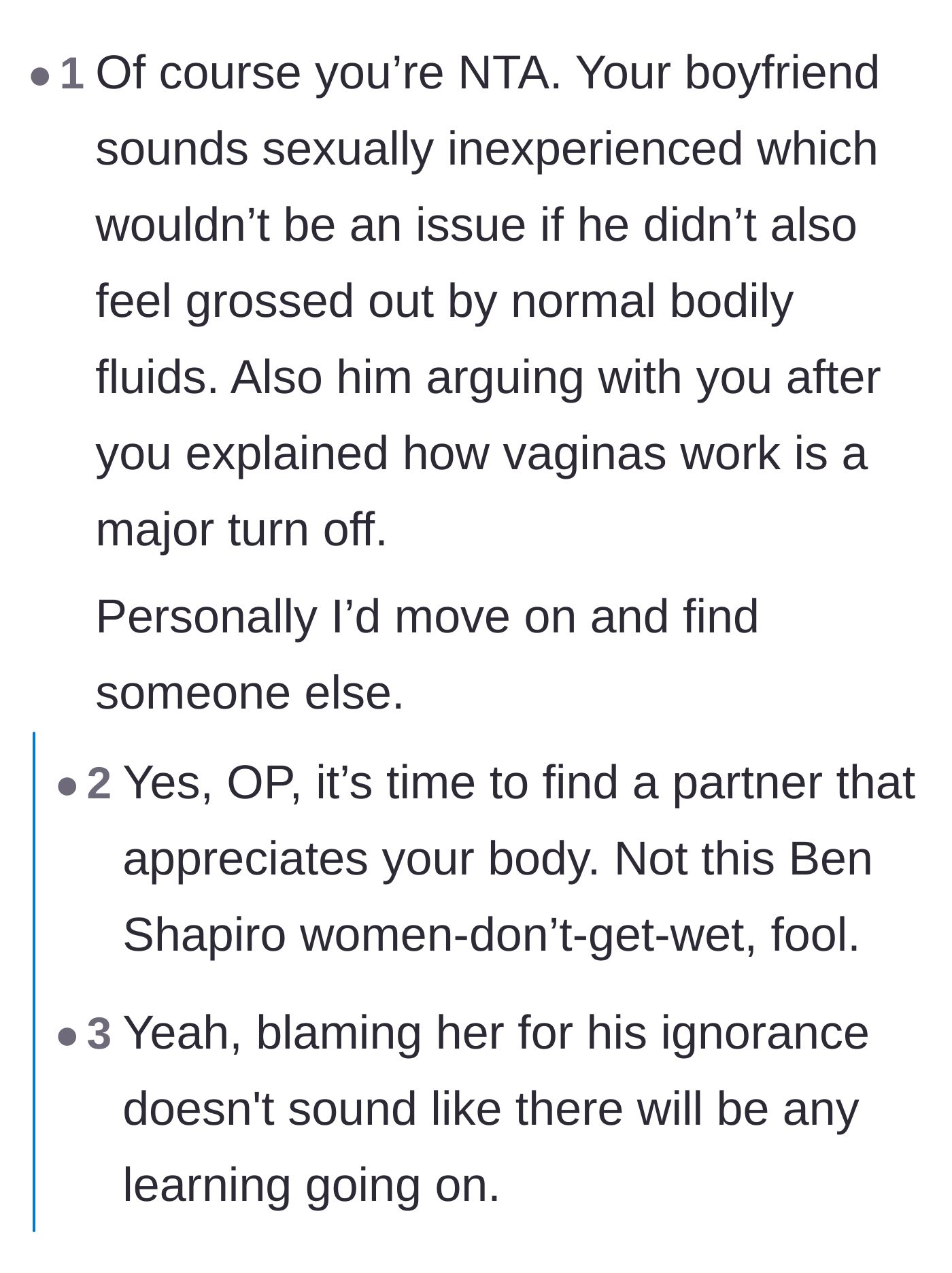 Comment thread 5 - Advice urging the girlfriend to leave a partner who is both uneducated and excessively defensive.