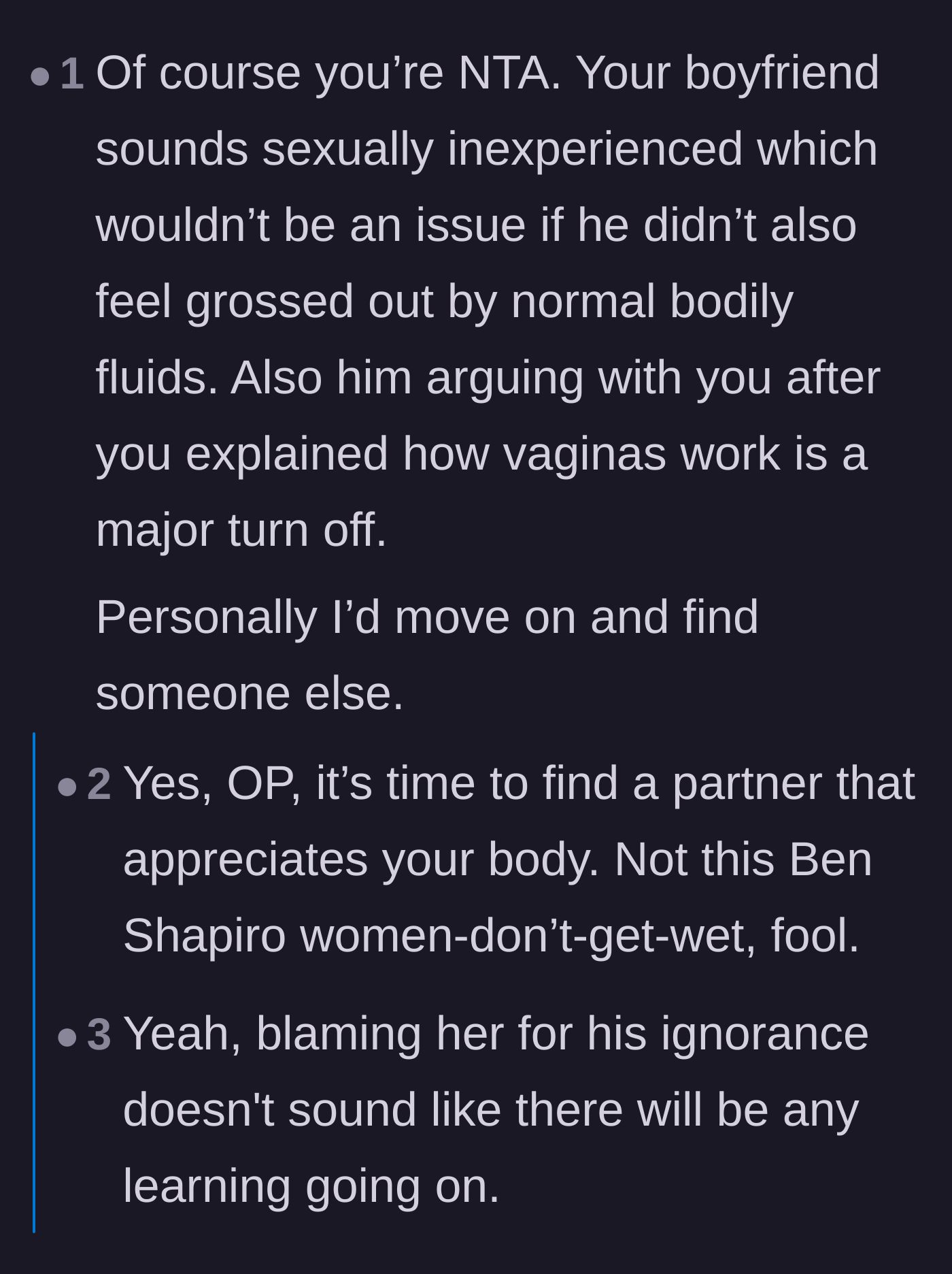 Comment thread 5 - Advice urging the girlfriend to leave a partner who is both uneducated and excessively defensive.