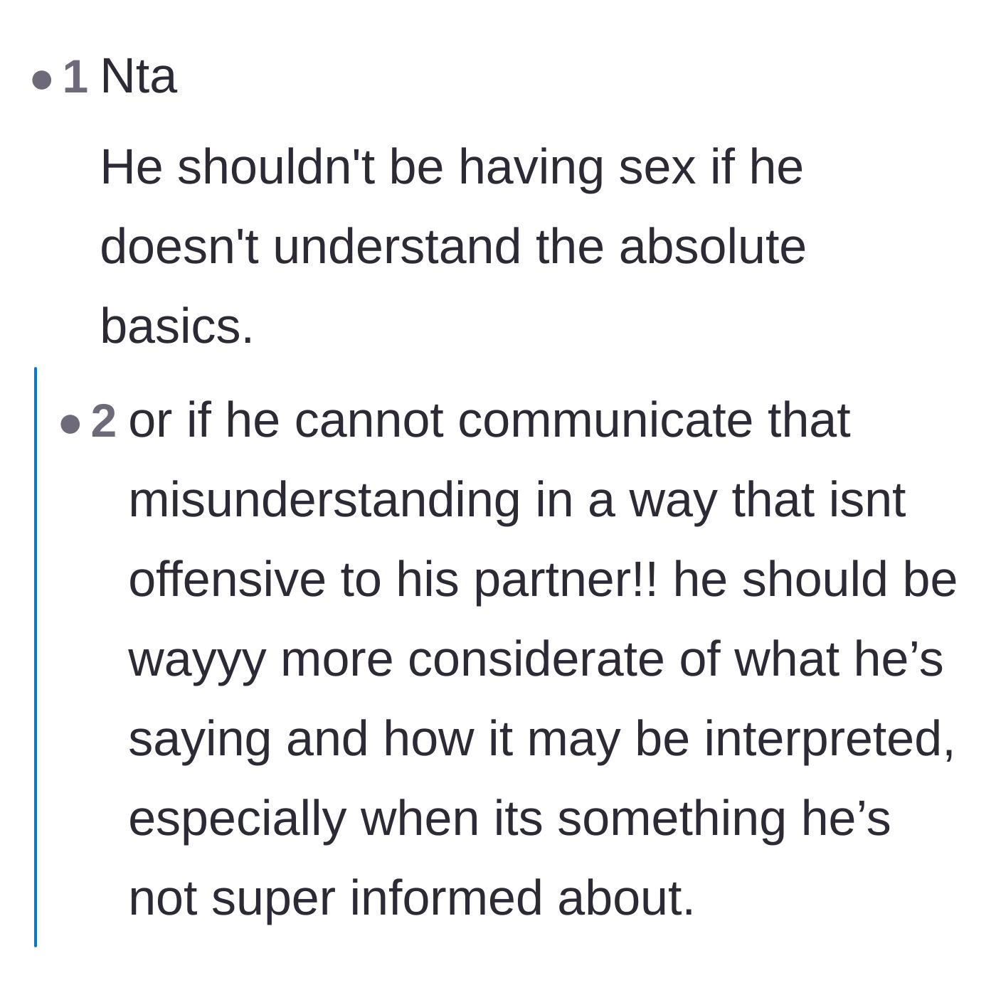 Comment thread 6 - Assertions that the boyfriend lacks the basic communication skills and biological knowledge required for a sexual relationship.