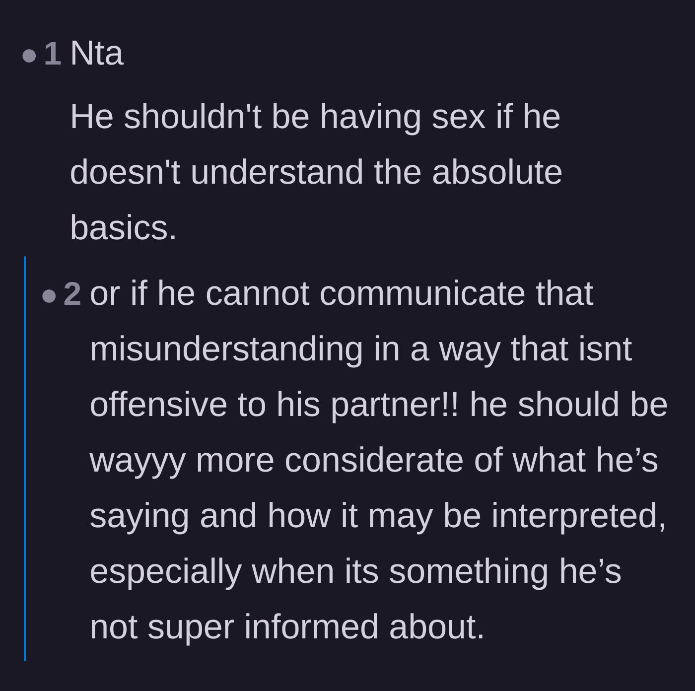 Comment thread 6 - Assertions that the boyfriend lacks the basic communication skills and biological knowledge required for a sexual relationship.