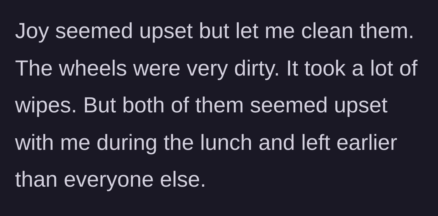Story part 3 - Joy reluctantly allows the tire cleaning, but the humiliating awkwardness ruins the lunch, prompting Joy and the friend to leave early.