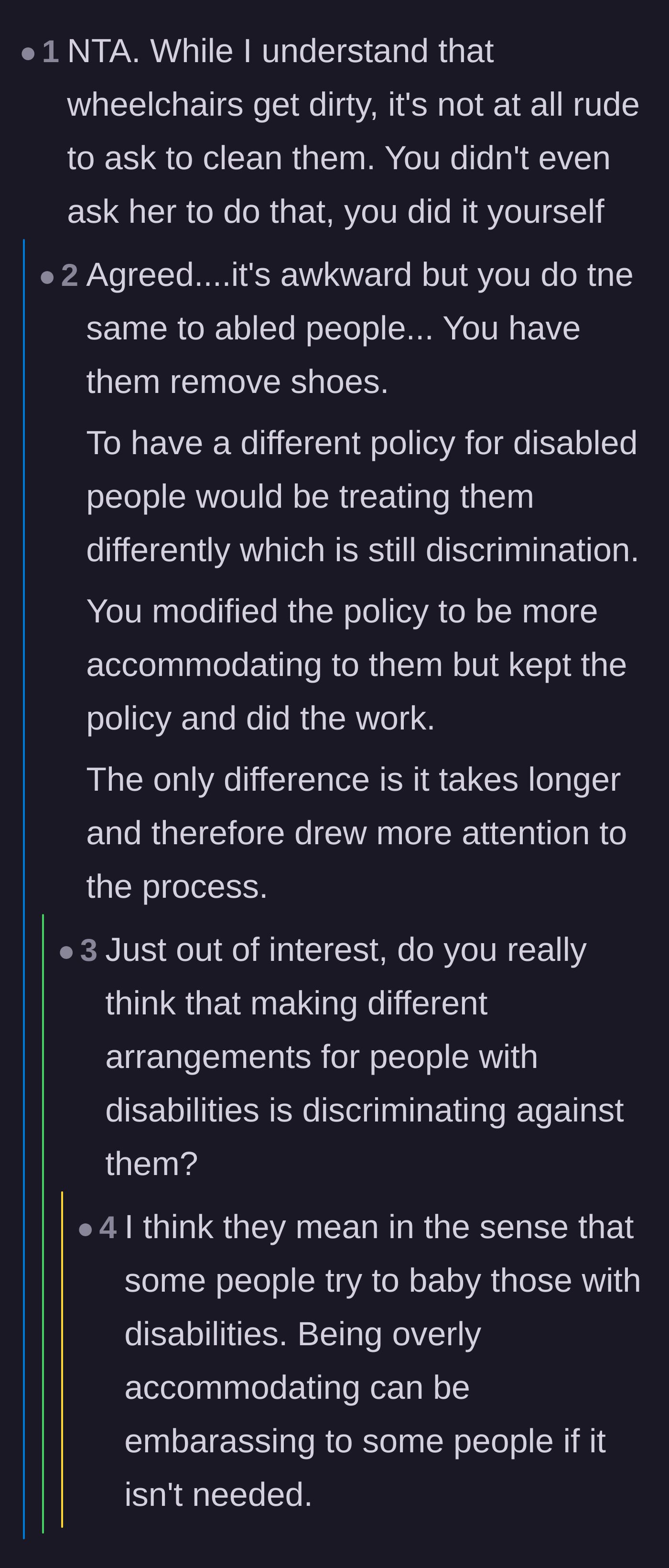 Comment thread 1 - A debate over whether treating a wheelchair like a pair of shoes is equality or discrimination.