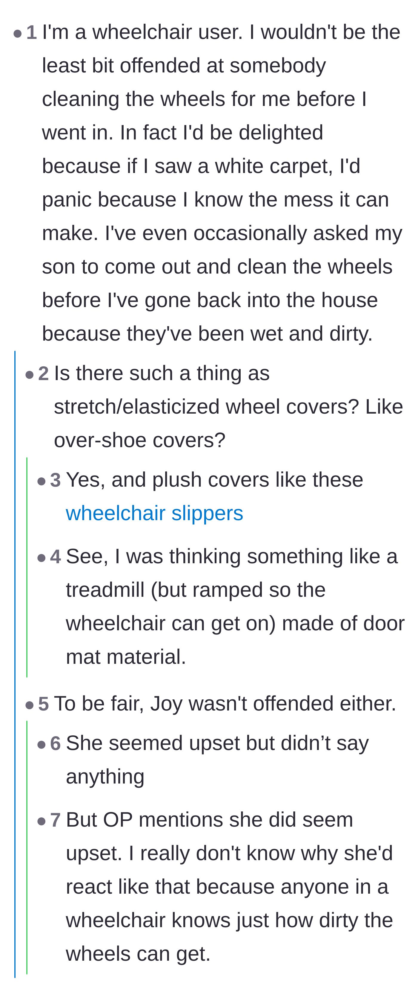 Comment thread 2 - Wheelchair users discussing wheel covers and the awkwardness of the host's friend.