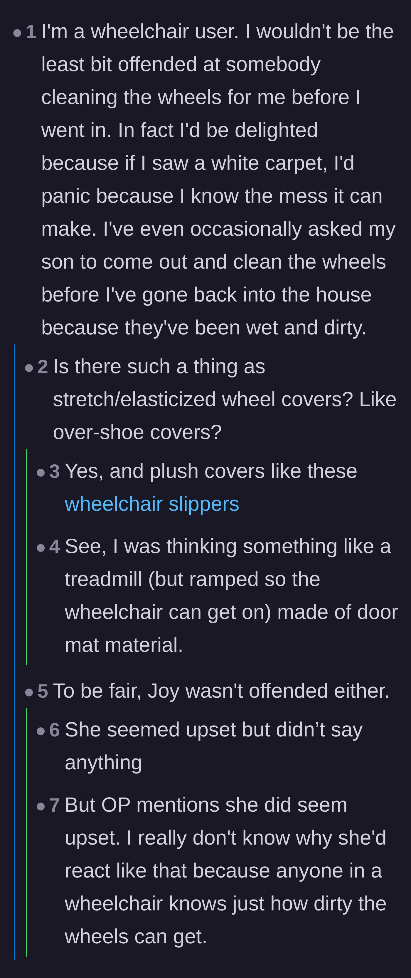 Comment thread 2 - Wheelchair users discussing wheel covers and the awkwardness of the host's friend.