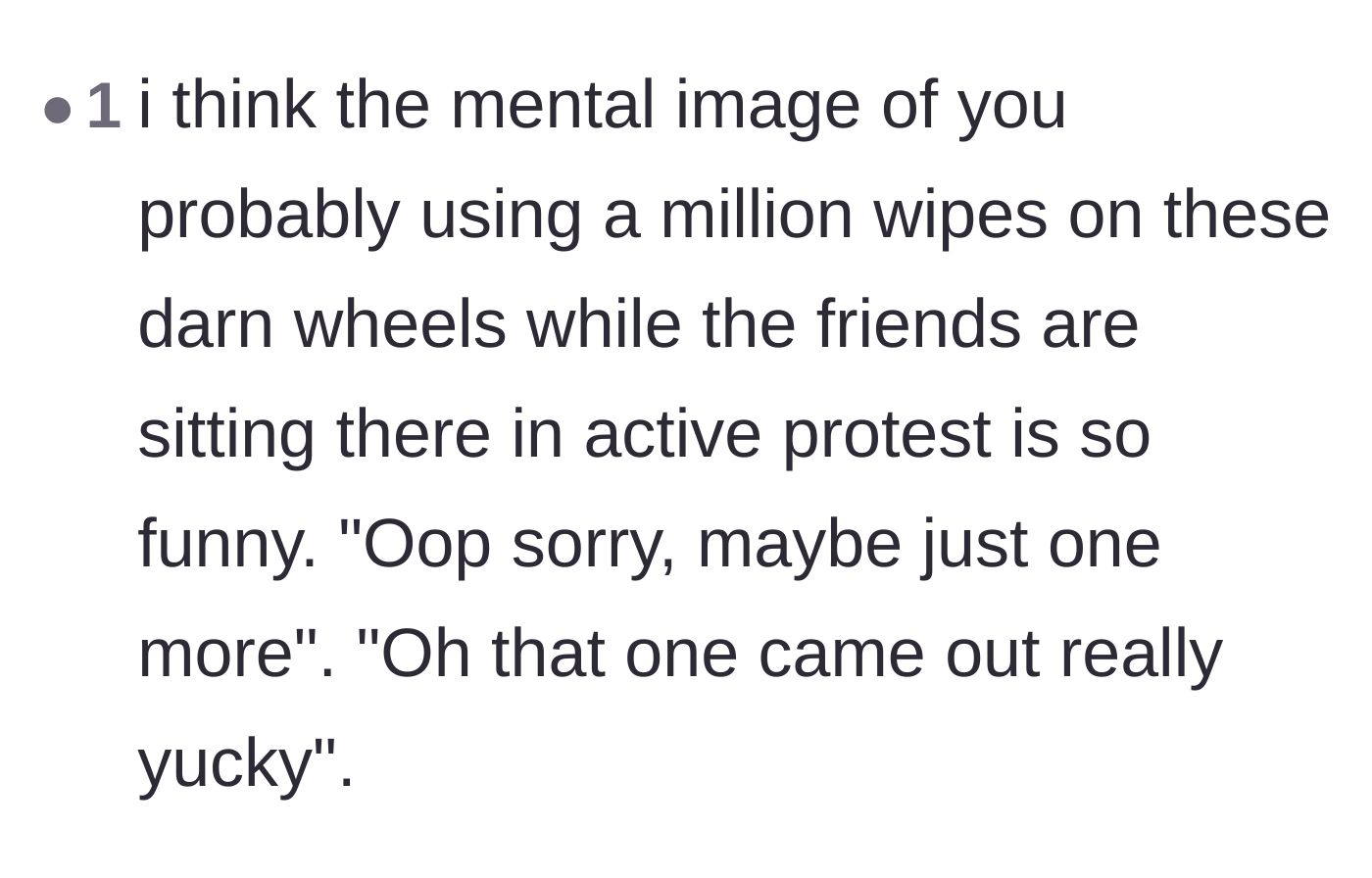 Comment thread 3 - A reader finding humor in the agonizingly awkward visual of the host scrubbing the tires.
