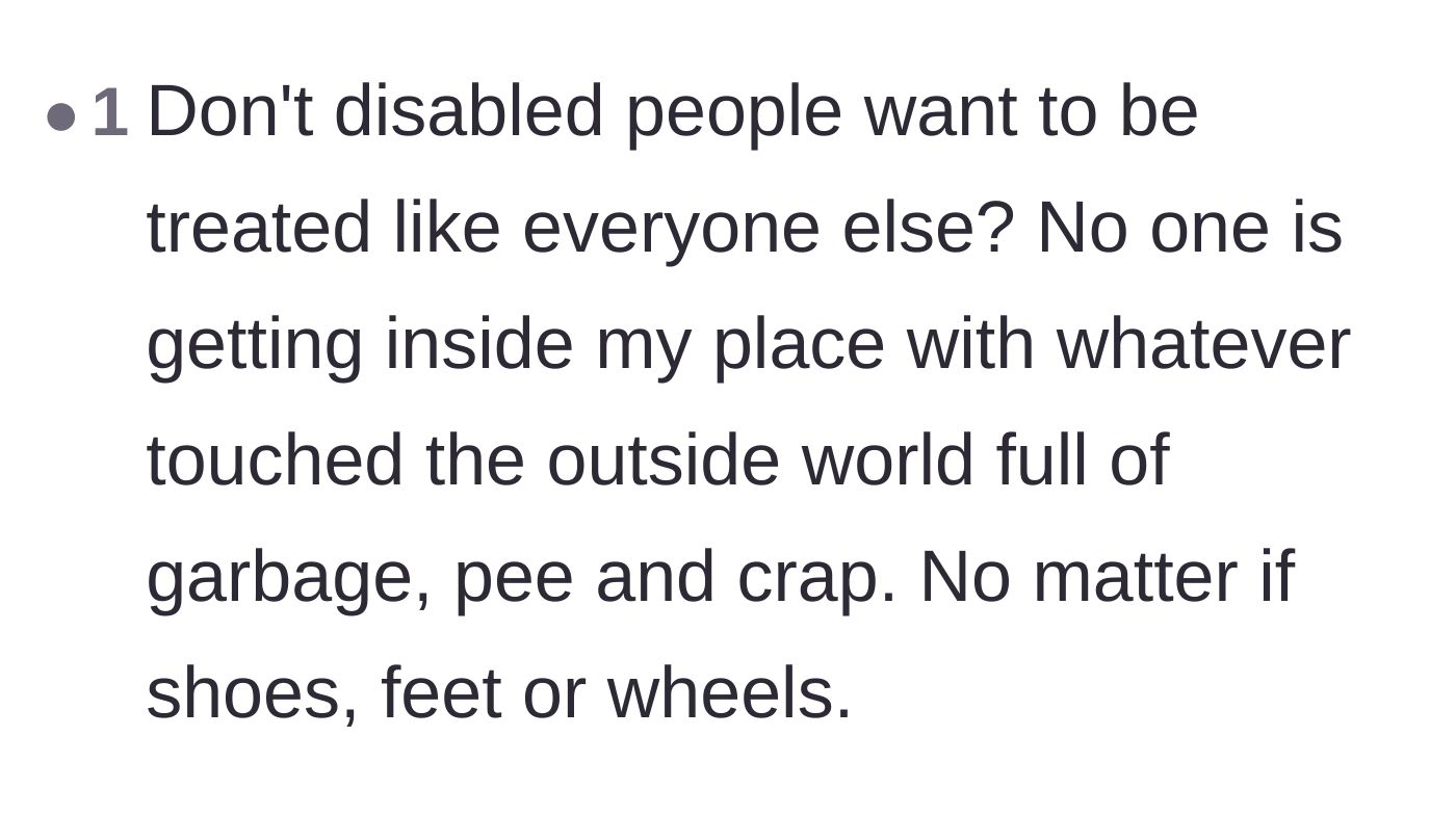 Comment thread 6 - An aggressively defensive comment equating a wheelchair to street garbage.