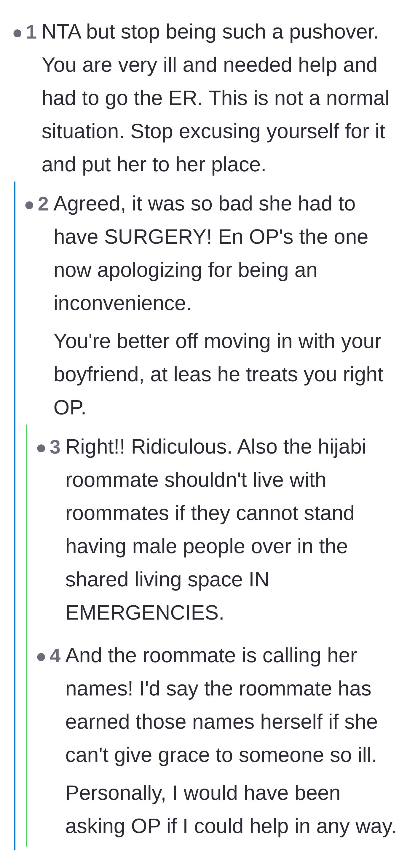 Comment thread 2 - Readers urging the main character to stop being a pushover and stop apologizing for a medical crisis.