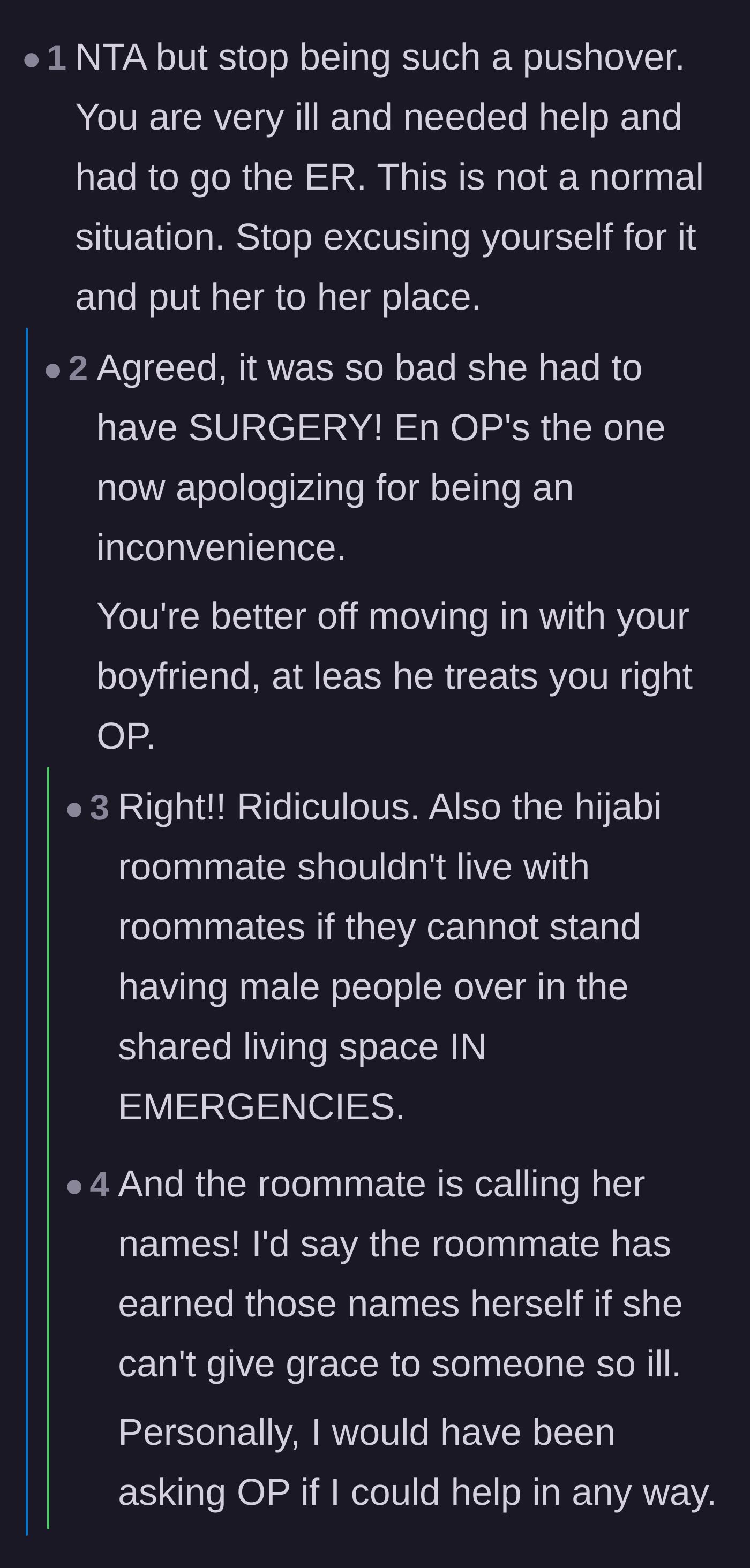Comment thread 2 - Readers urging the main character to stop being a pushover and stop apologizing for a medical crisis.