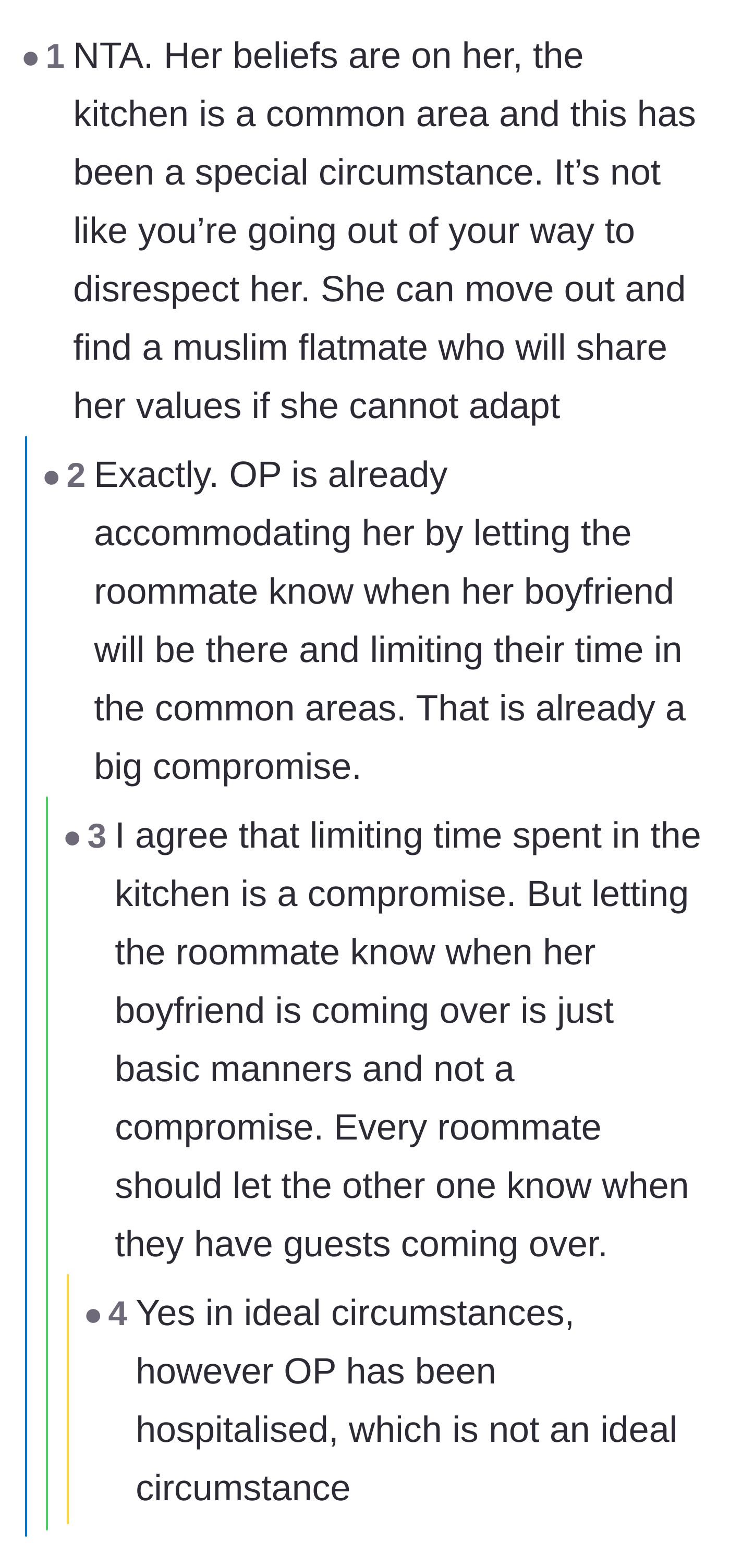 Comment thread 3 - Discussion about how the kitchen is a shared space and the roommate needs to adapt or move.