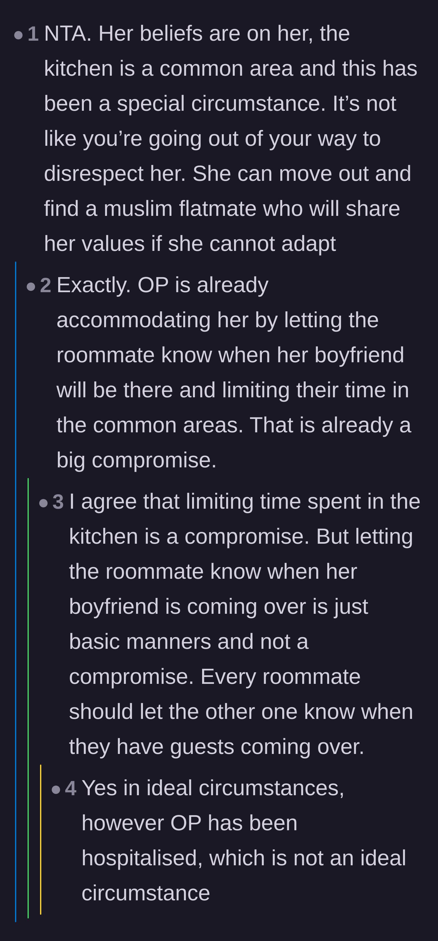 Comment thread 3 - Discussion about how the kitchen is a shared space and the roommate needs to adapt or move.
