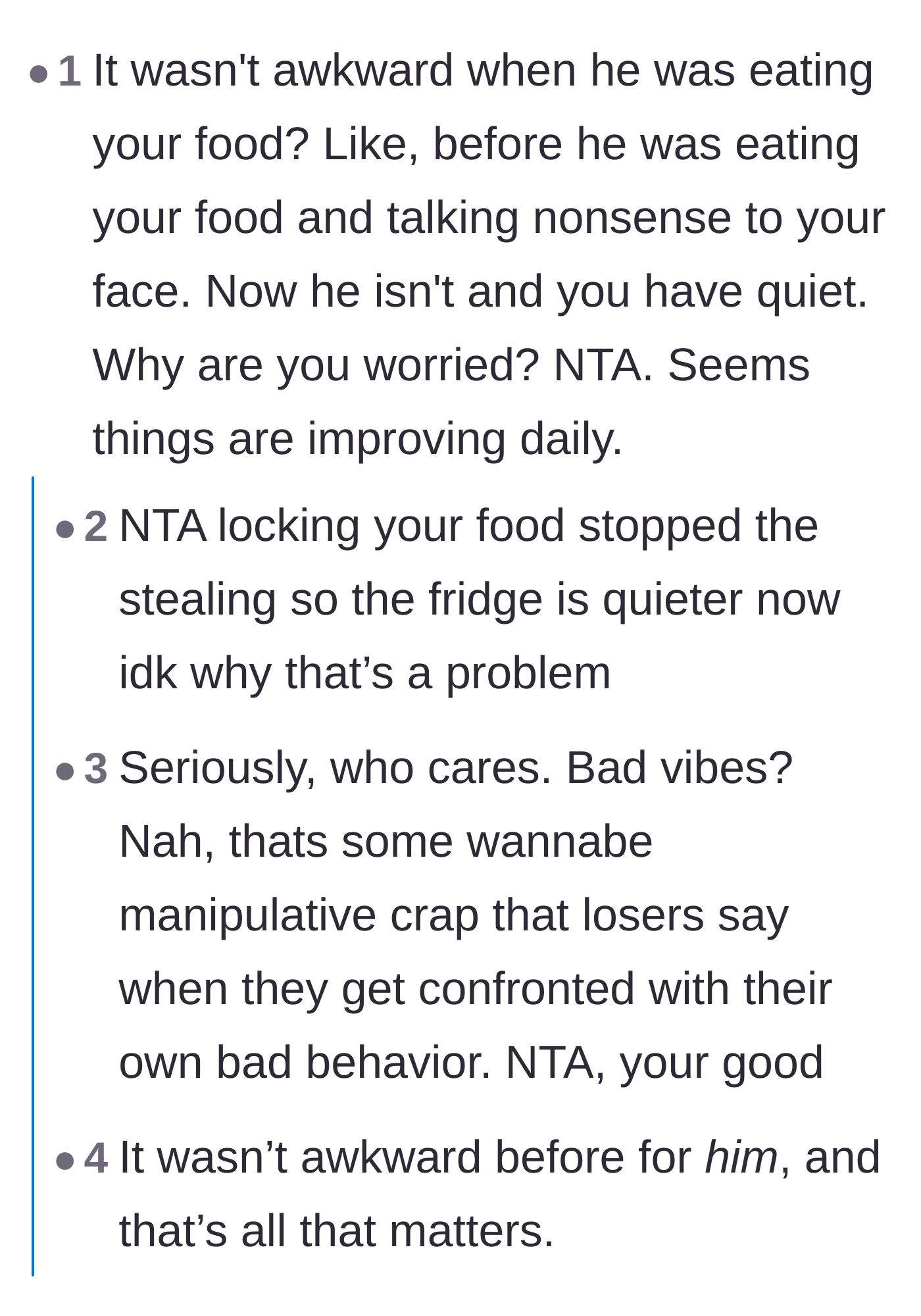 Comment thread 1 - Readers dissecting the psychological reasons behind the roommate's temper tantrum over being cut off from free food.