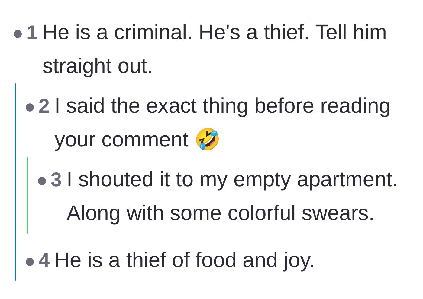Comment thread 2 - Readers bluntly agreeing that repeatedly stealing food literally makes the roommate a criminal.
