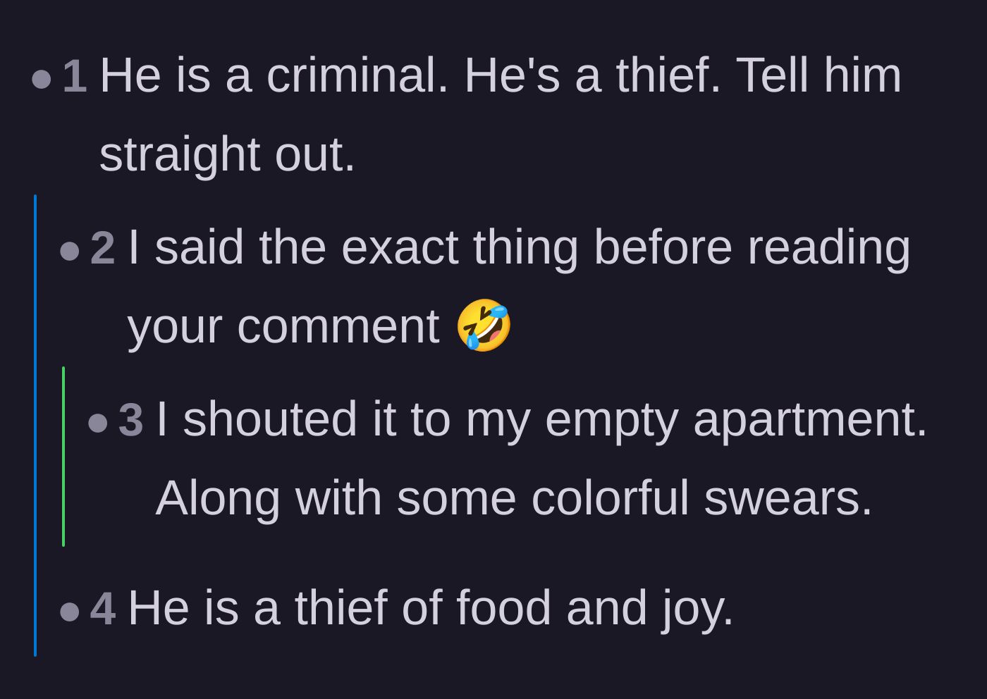 Comment thread 2 - Readers bluntly agreeing that repeatedly stealing food literally makes the roommate a criminal.
