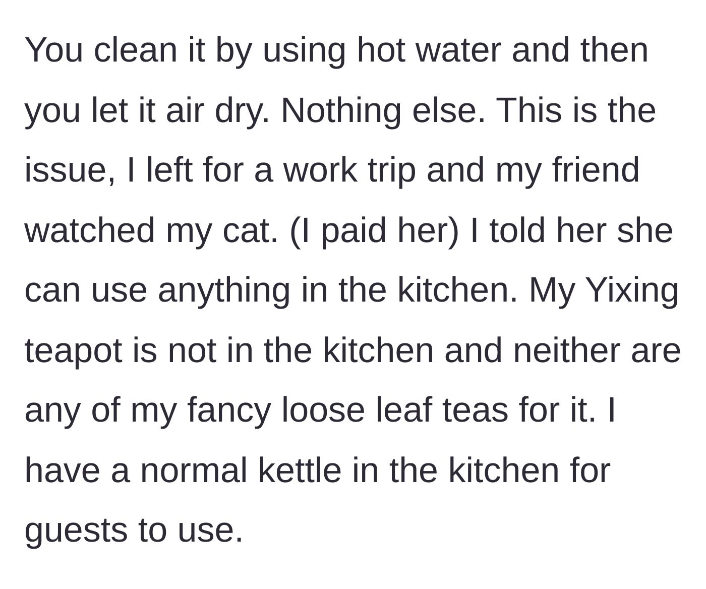 Story part 2 - The main character sets boundaries, leaving the cat sitter with full kitchen access while keeping the teapot carefully stored elsewhere.