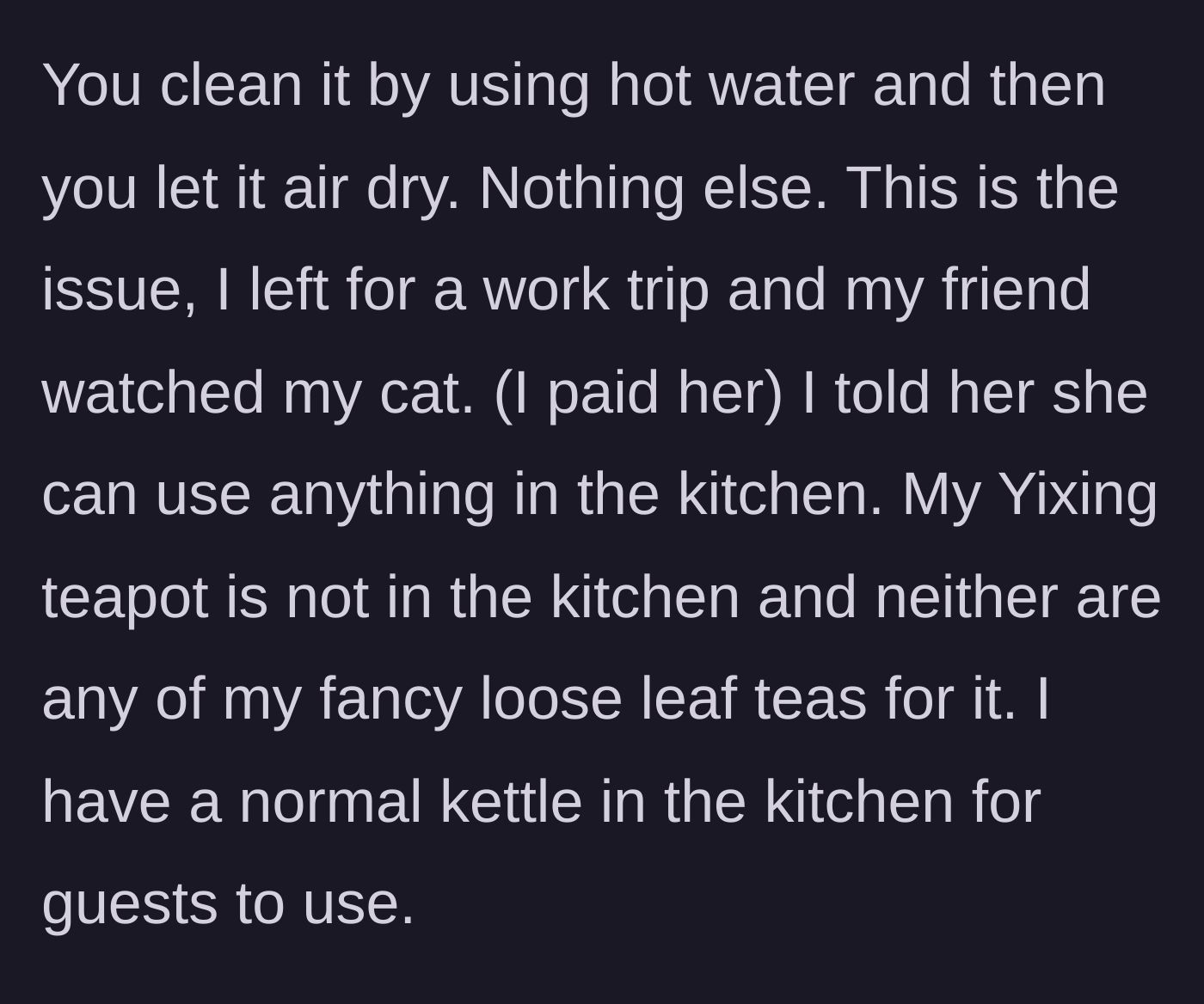 Story part 2 - The main character sets boundaries, leaving the cat sitter with full kitchen access while keeping the teapot carefully stored elsewhere.
