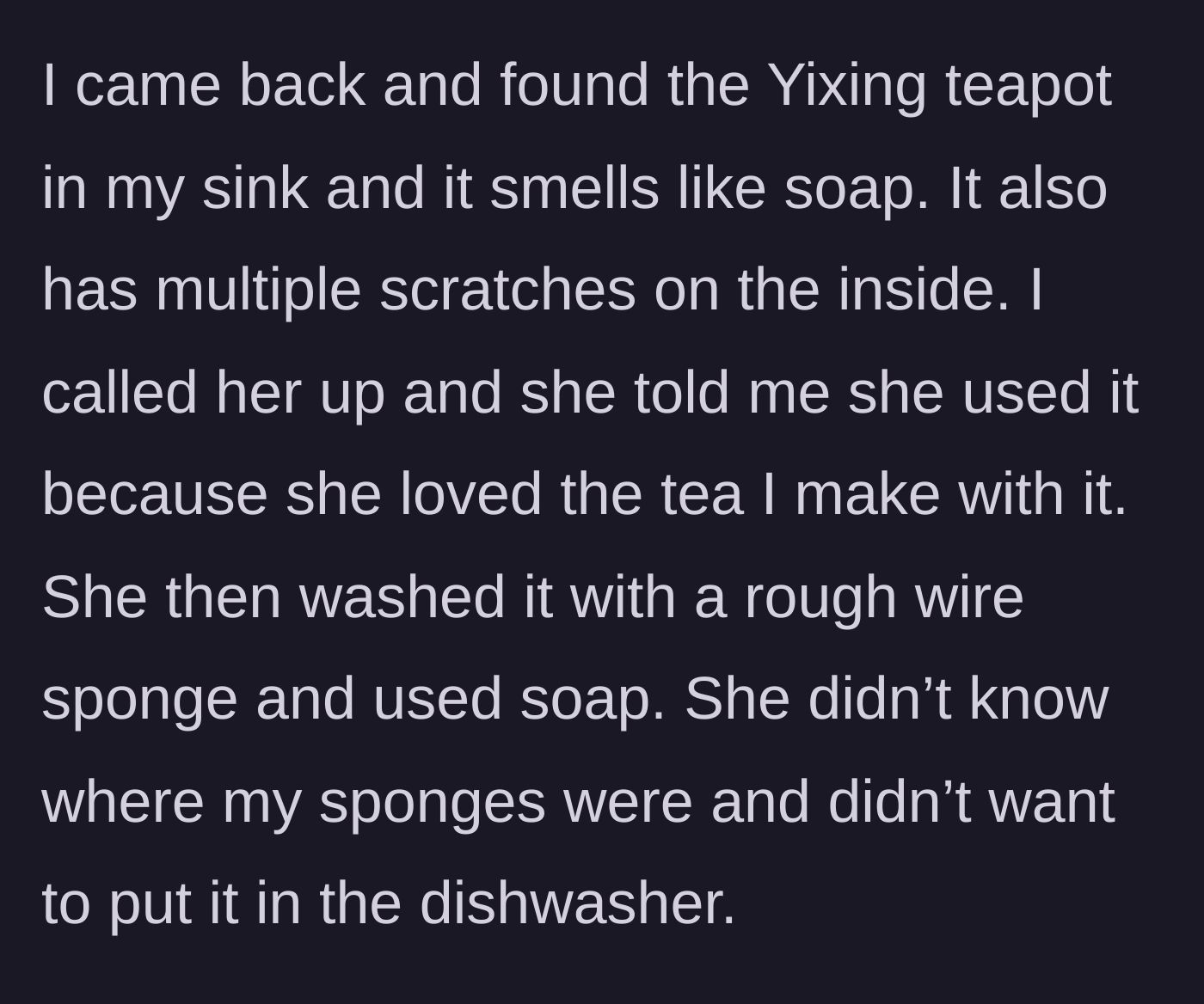 Story part 3 - The main character discovers the scratched, soap-soaked teapot in the sink after the friend improperly scrubbed it with a wire sponge.