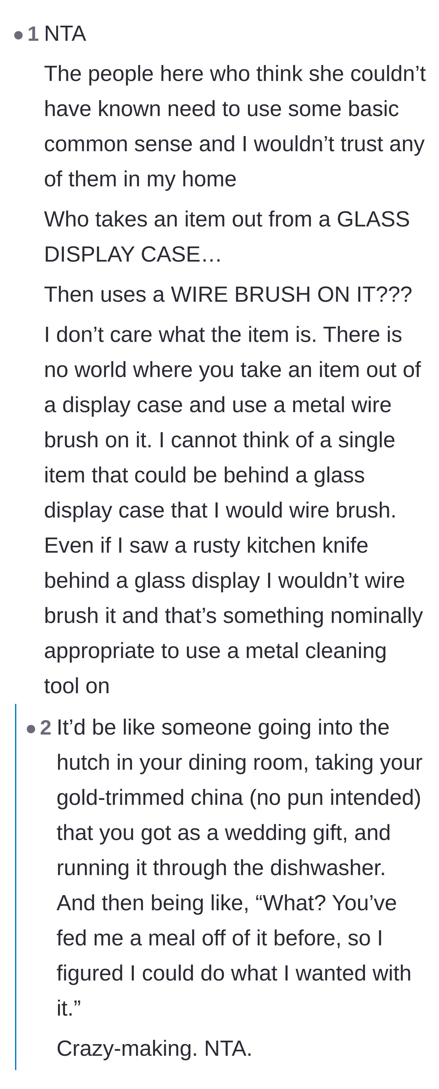 Comment thread 2 - Users expressing disbelief over using a wire brush on a display item, sharing similar pet-sitter horror stories.