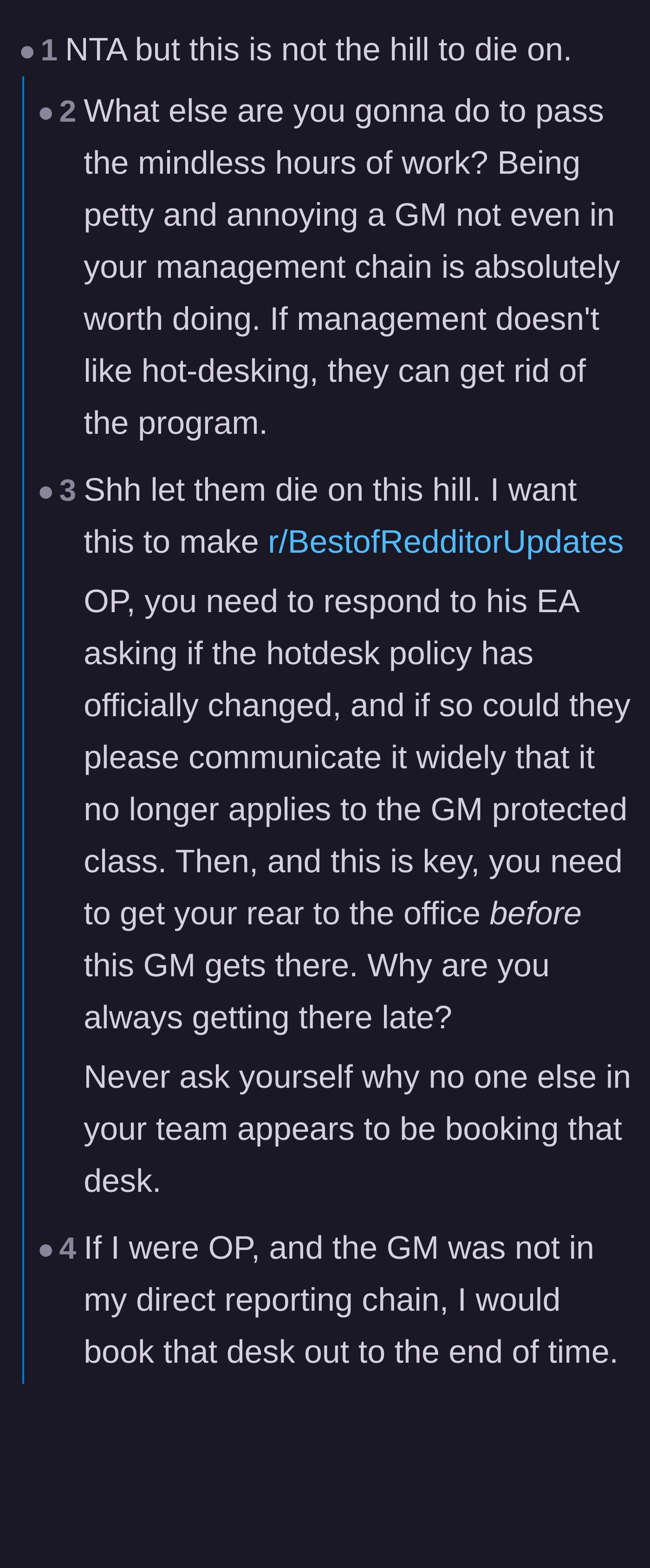 Comment thread 1 - Advice warning the author that annoying an executive could lead to getting fired or politically targeted.