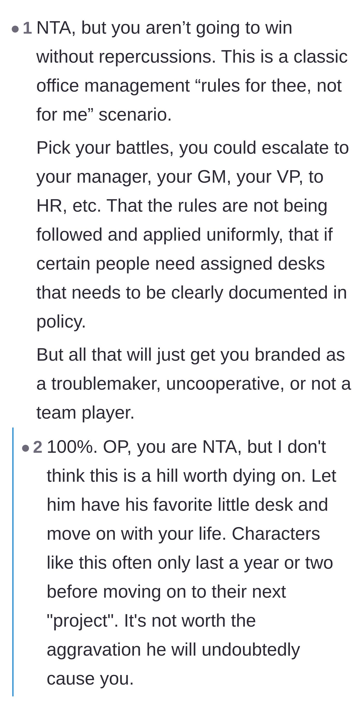Comment thread 2 - Suggestions for either playing innocent with HR to force a policy reminder or subtly sabotaging the manager's desk.