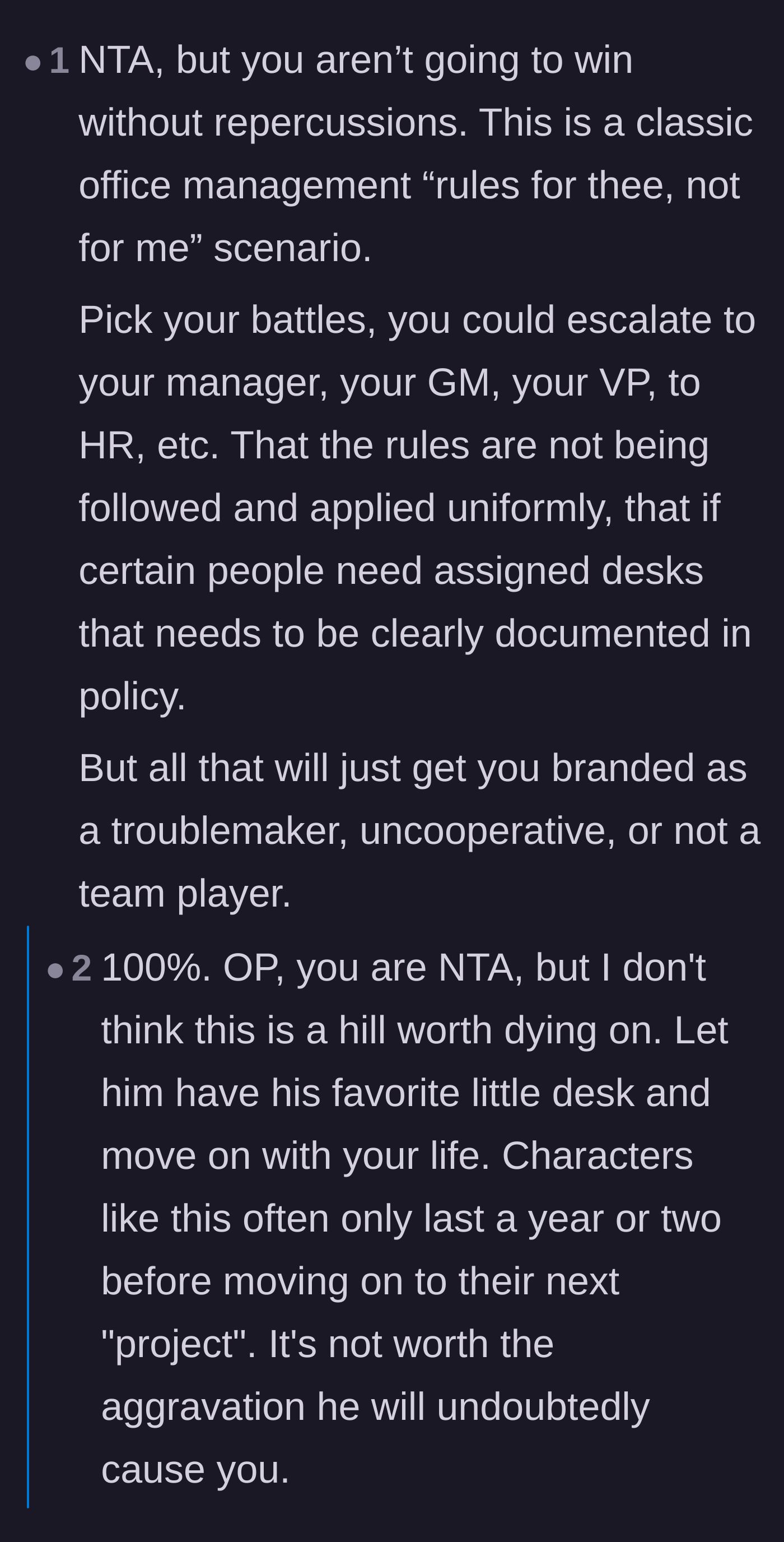 Comment thread 2 - Suggestions for either playing innocent with HR to force a policy reminder or subtly sabotaging the manager's desk.
