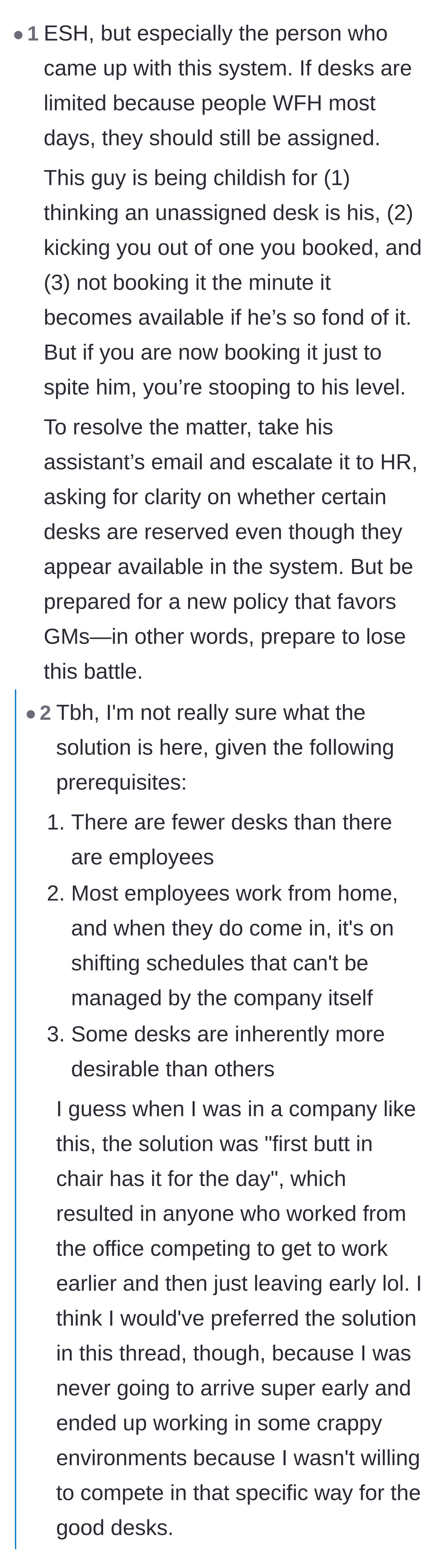 Comment thread 5 - A debate blaming the company's flawed hot-desking system and pointing out that both parties are wasting company time.