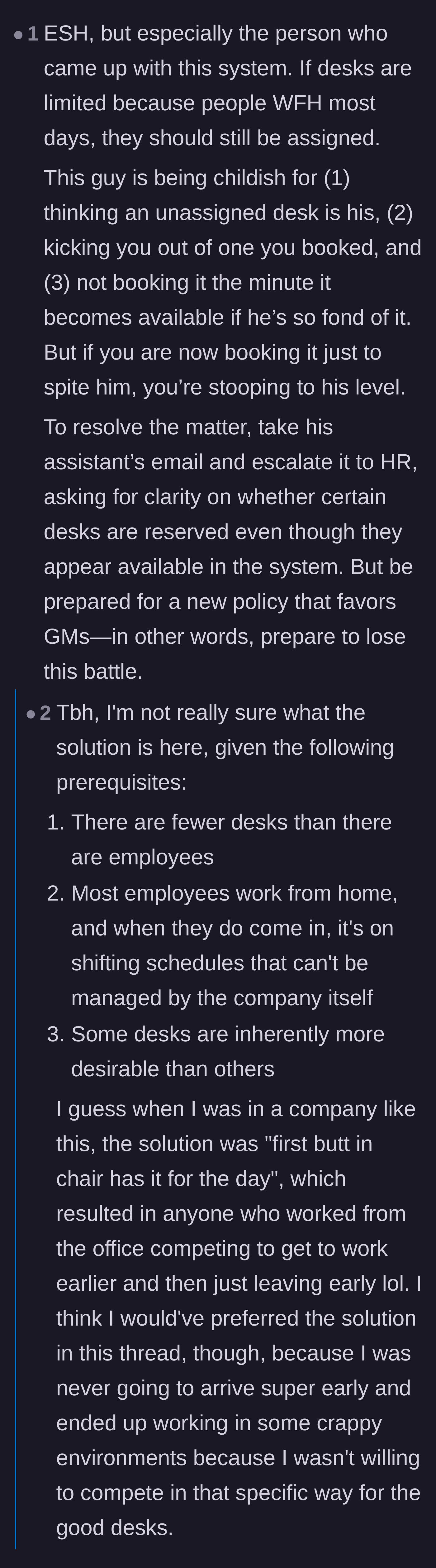 Comment thread 5 - A debate blaming the company's flawed hot-desking system and pointing out that both parties are wasting company time.