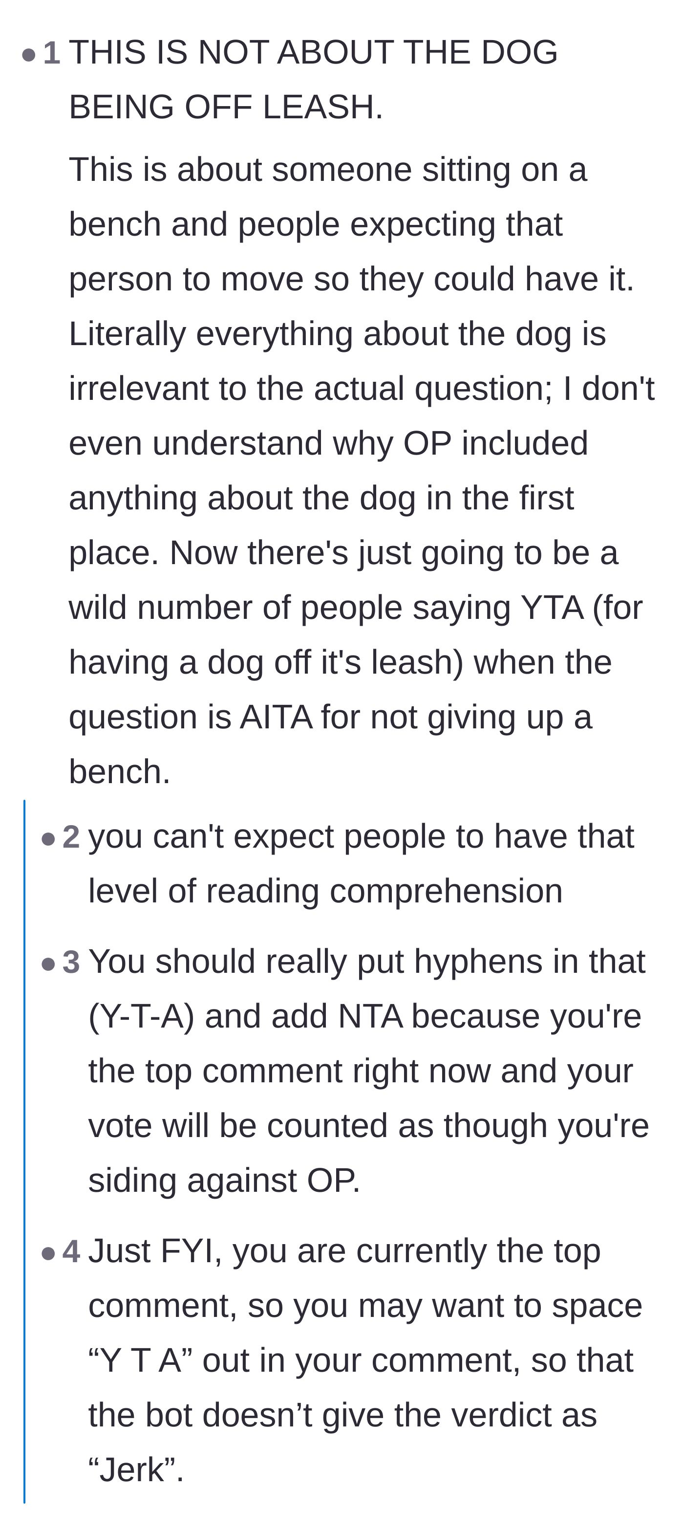 Comment thread 1 - A reader pointing out that the core issue is the demand for the bench, not the dog's leash status.