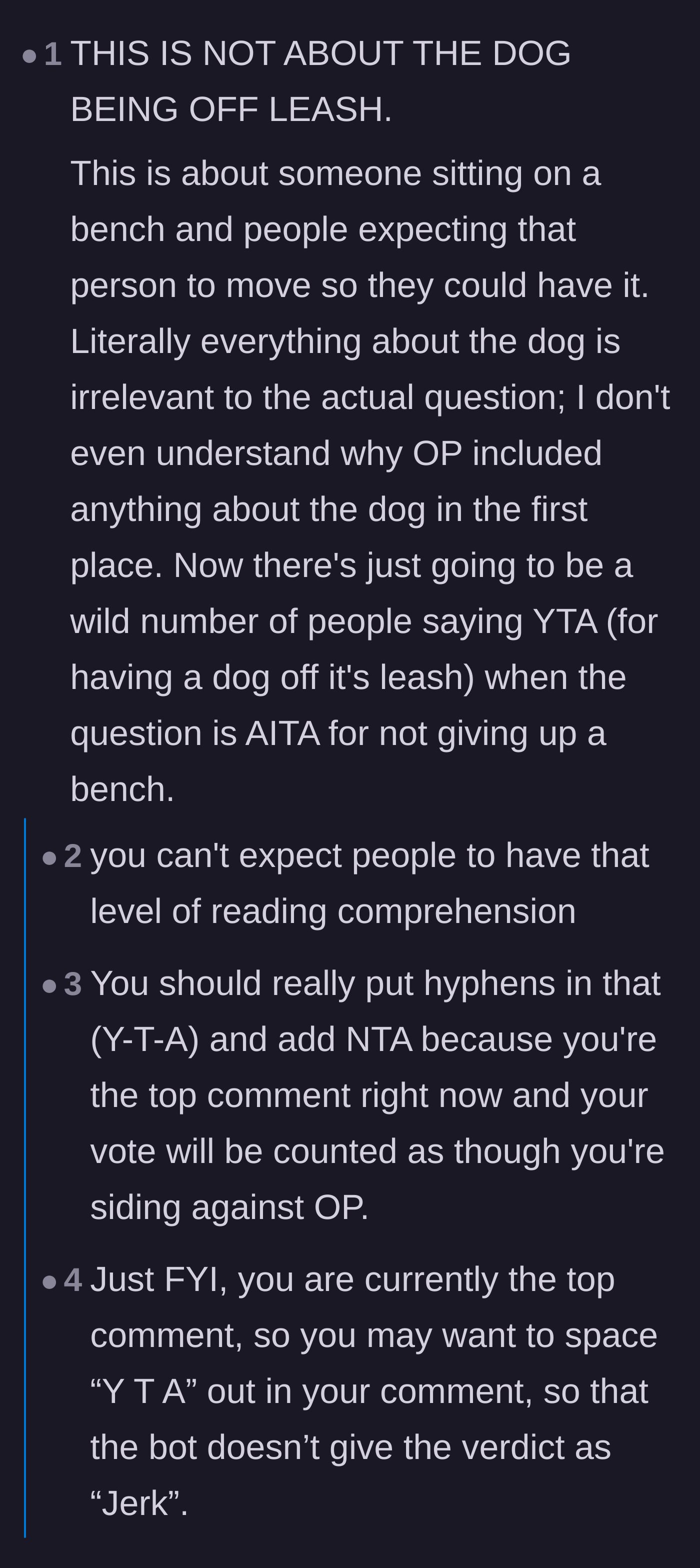 Comment thread 1 - A reader pointing out that the core issue is the demand for the bench, not the dog's leash status.