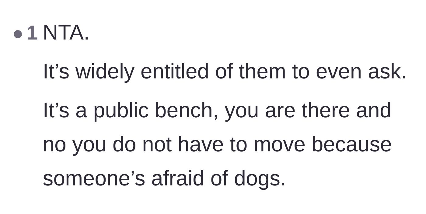 Comment thread 4 - A reaction calling out the wild entitlement of even asking someone to move from a public bench.