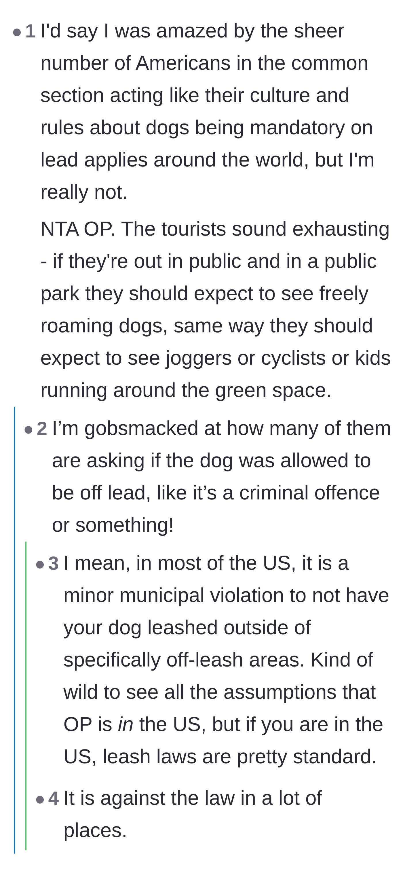 Comment thread 5 - A debate about American exceptionalism and the assumption that US leash laws apply internationally.