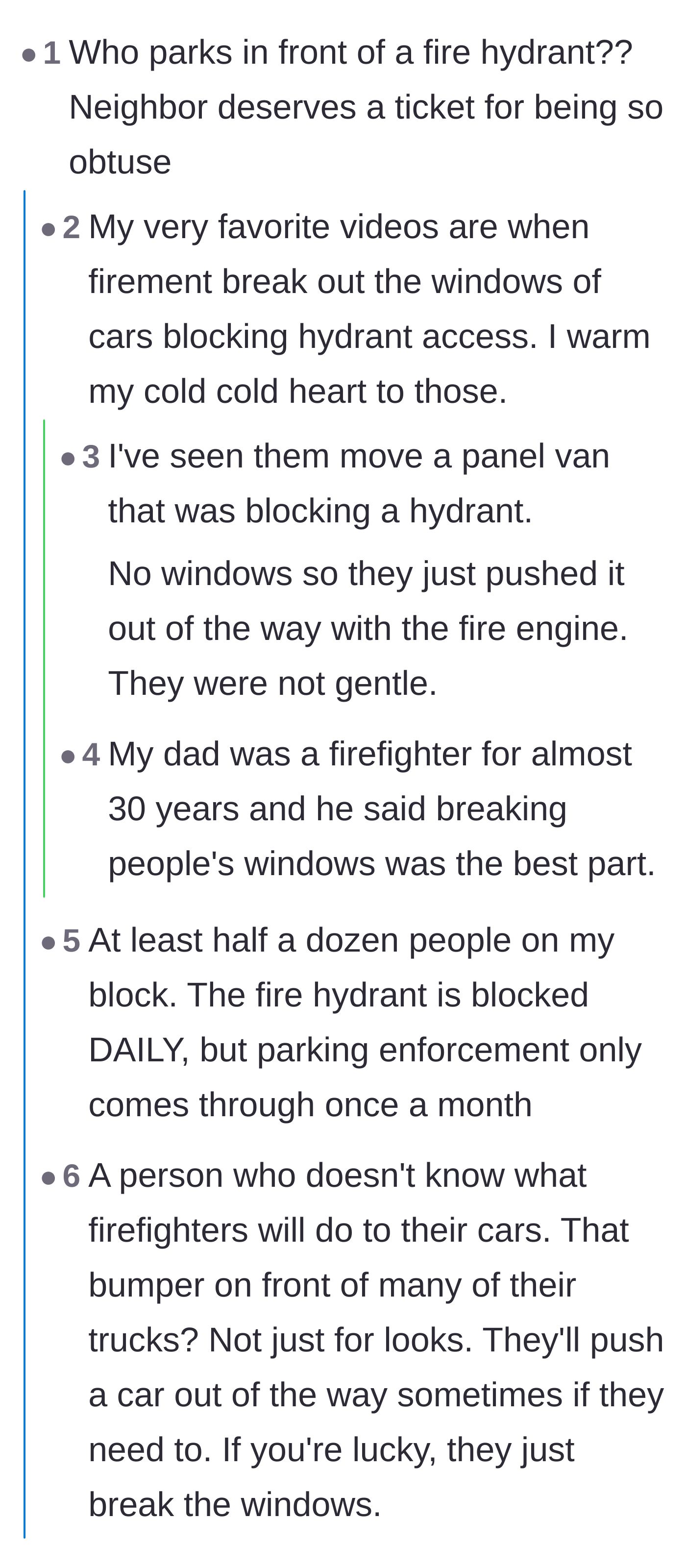 Comment thread 1 - A discussion about firefighters gleefully smashing the windows of cars parked in front of fire hydrants.