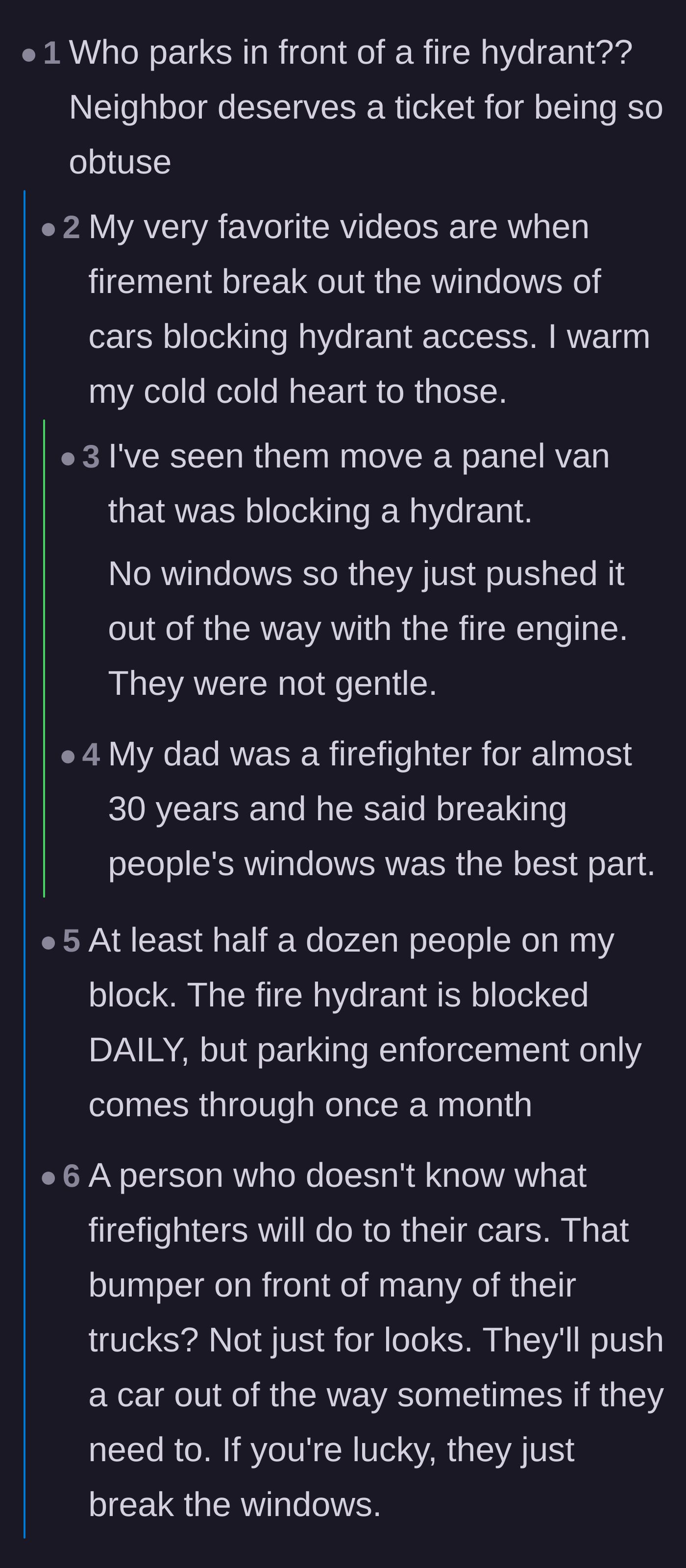 Comment thread 1 - A discussion about firefighters gleefully smashing the windows of cars parked in front of fire hydrants.