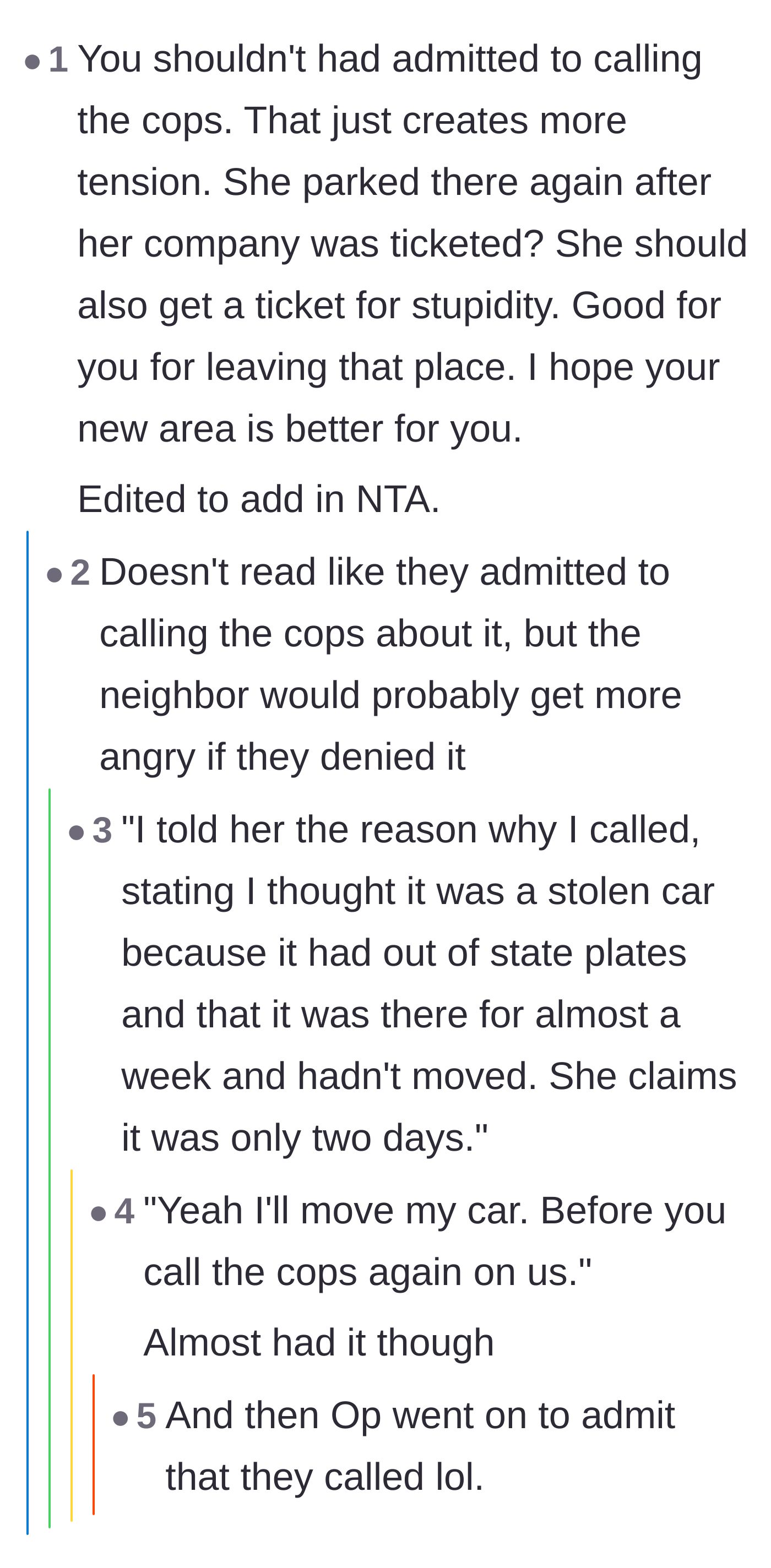 Comment thread 5 - Bafflement over the neighbor parking in the exact same illegal spot immediately after their guest received a ticket.