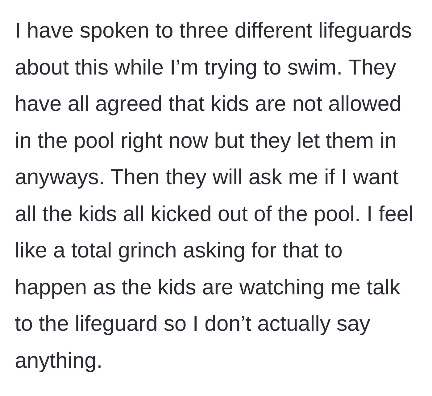 Story part 2 - The swimmer confronts three lifeguards who refuse to enforce the rules without the swimmer actively demanding it.