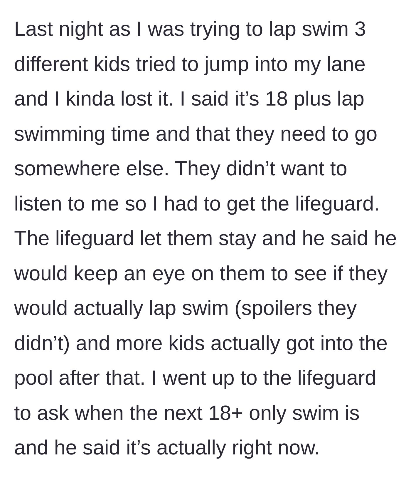 Story part 3 - Children invade the swimmer's lane, leading to a failed intervention by a hopelessly passive lifeguard.