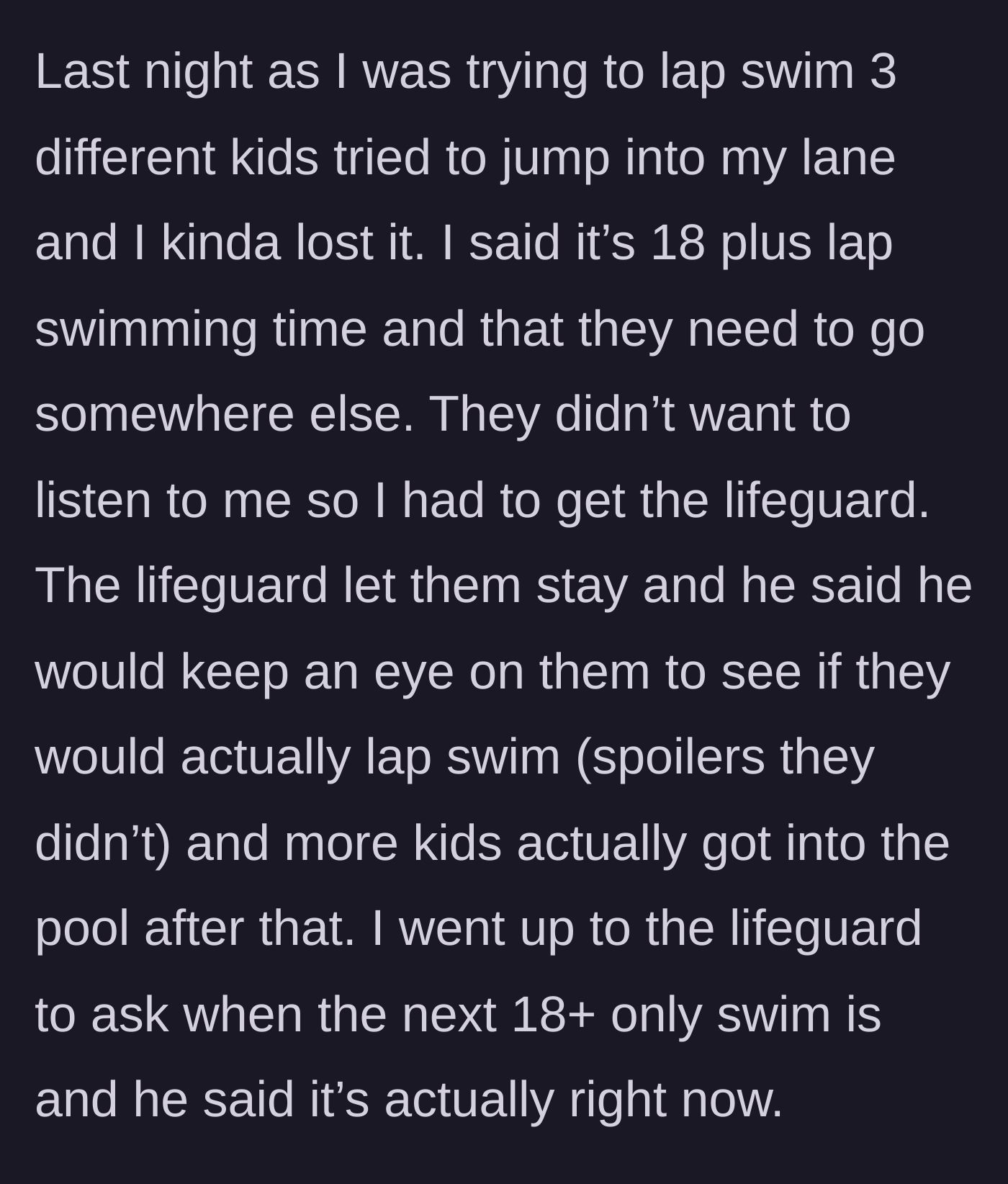 Story part 3 - Children invade the swimmer's lane, leading to a failed intervention by a hopelessly passive lifeguard.