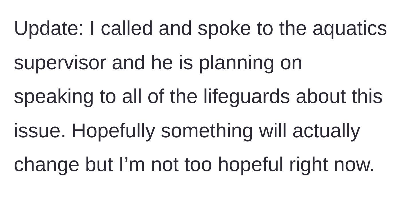 Story part 5 - The swimmer provides an update regarding a conversation with the aquatics supervisor, expressing lingering doubt.