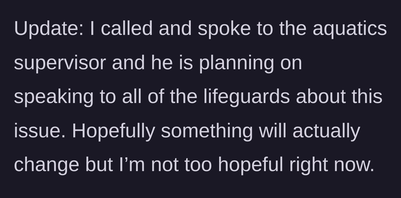 Story part 5 - The swimmer provides an update regarding a conversation with the aquatics supervisor, expressing lingering doubt.