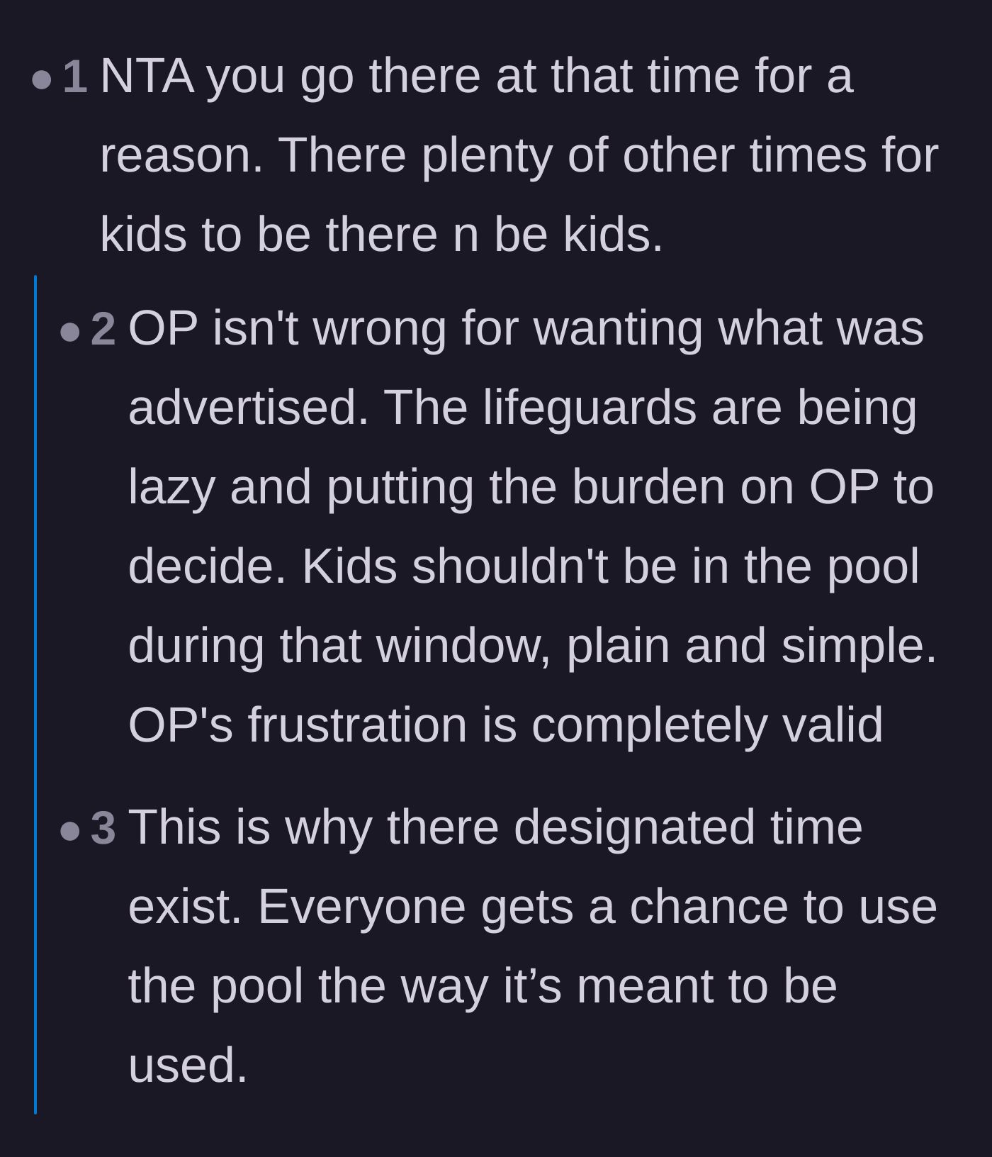 Comment thread 1 - Discussing how lifeguards are often underpaid and afraid of confronting entitled parents.