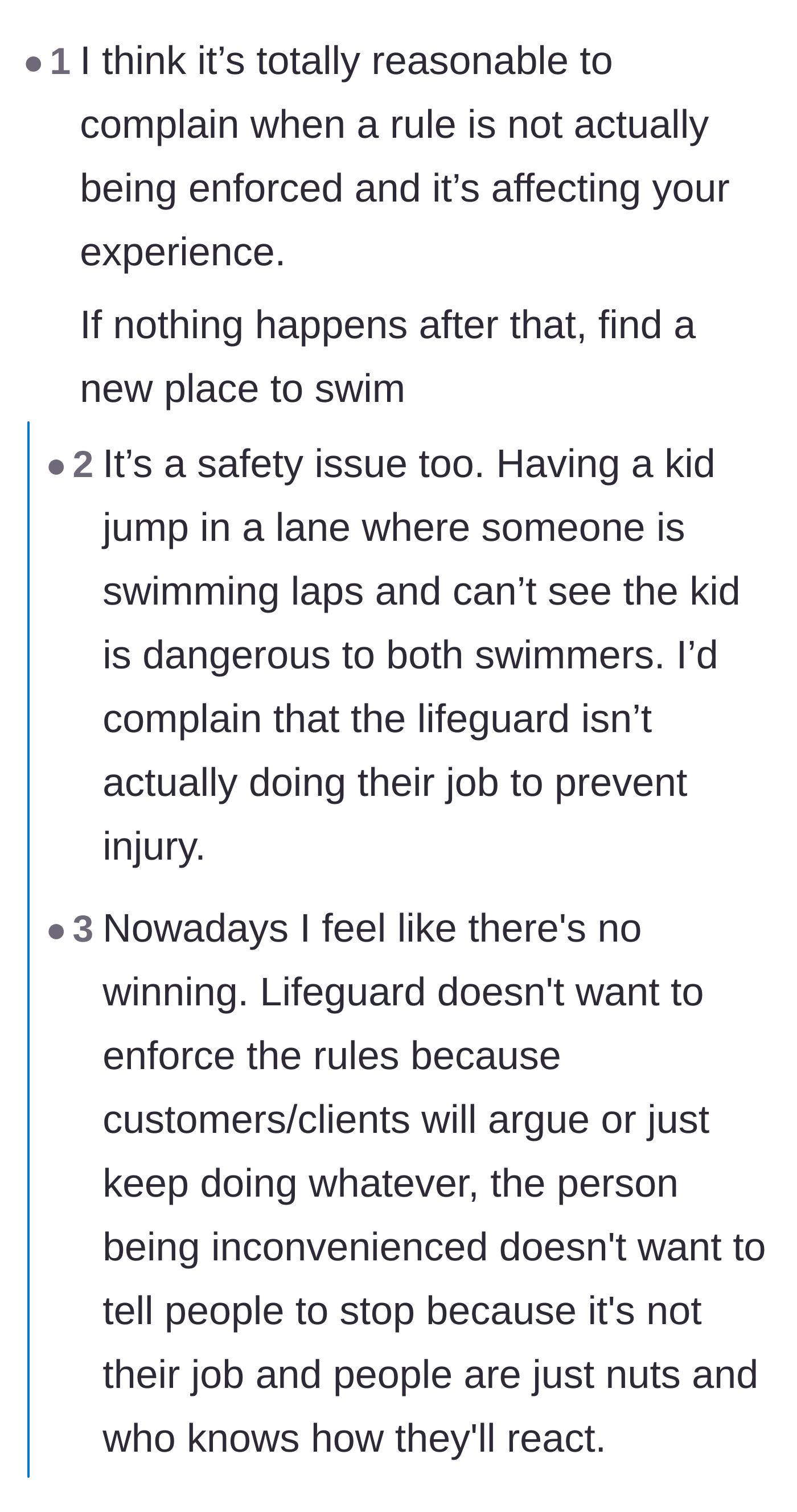 Comment thread 3 - Highlighting the severe physical danger of kids jumping into active, blind lap swimming lanes.