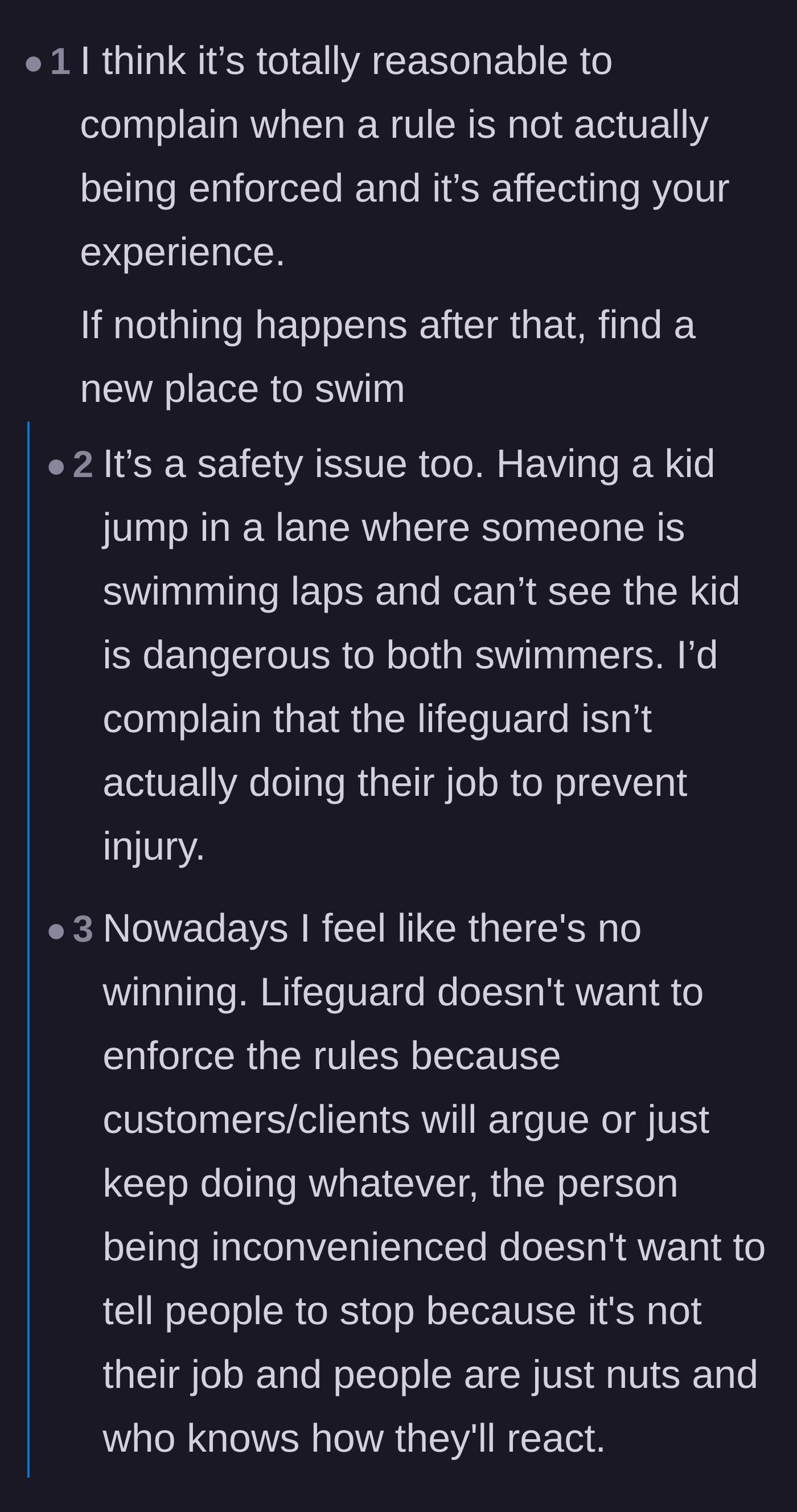 Comment thread 3 - Highlighting the severe physical danger of kids jumping into active, blind lap swimming lanes.